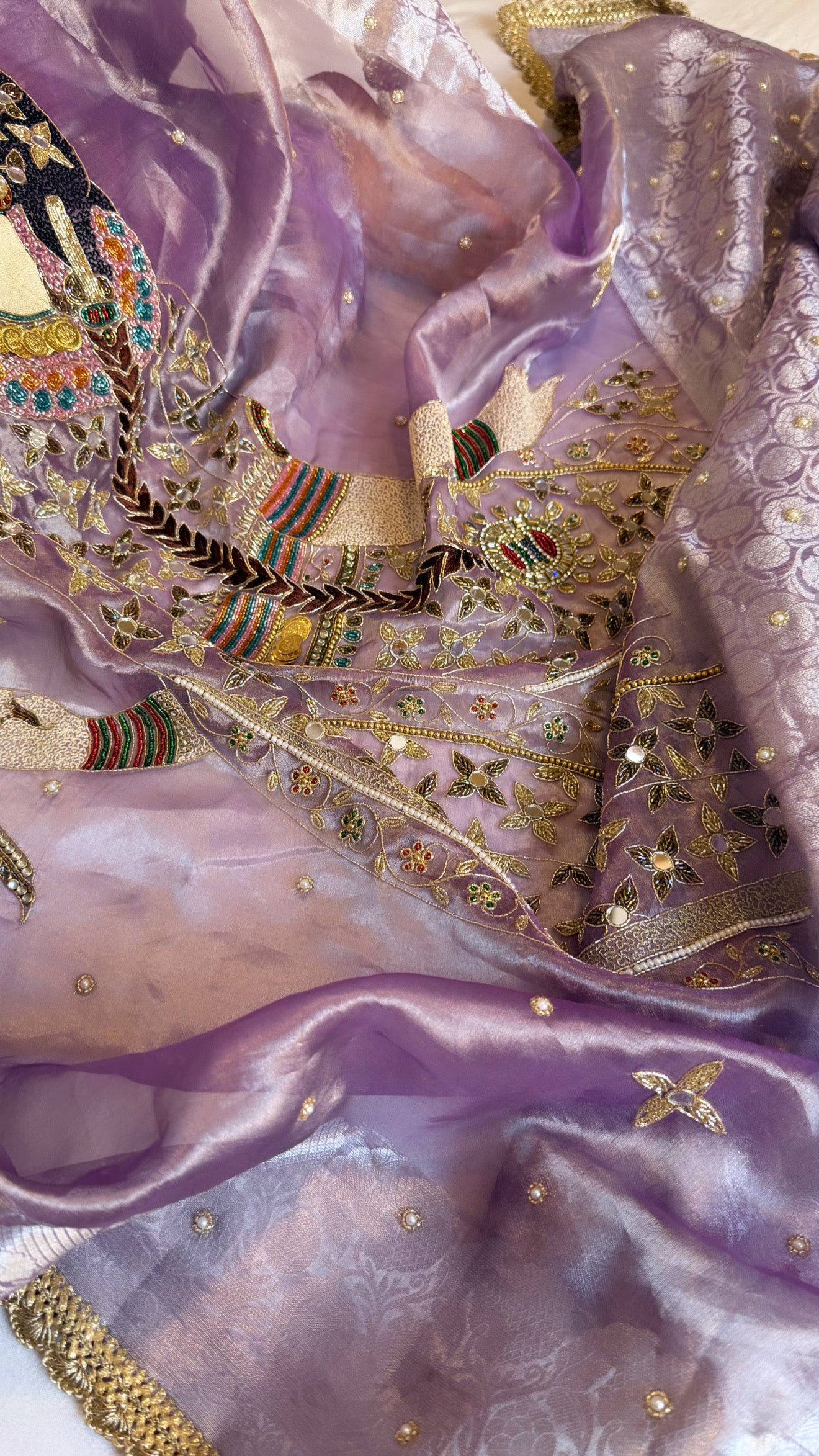 Heer saree with jadau necklace work hand embroidered tissue silk lilac saree