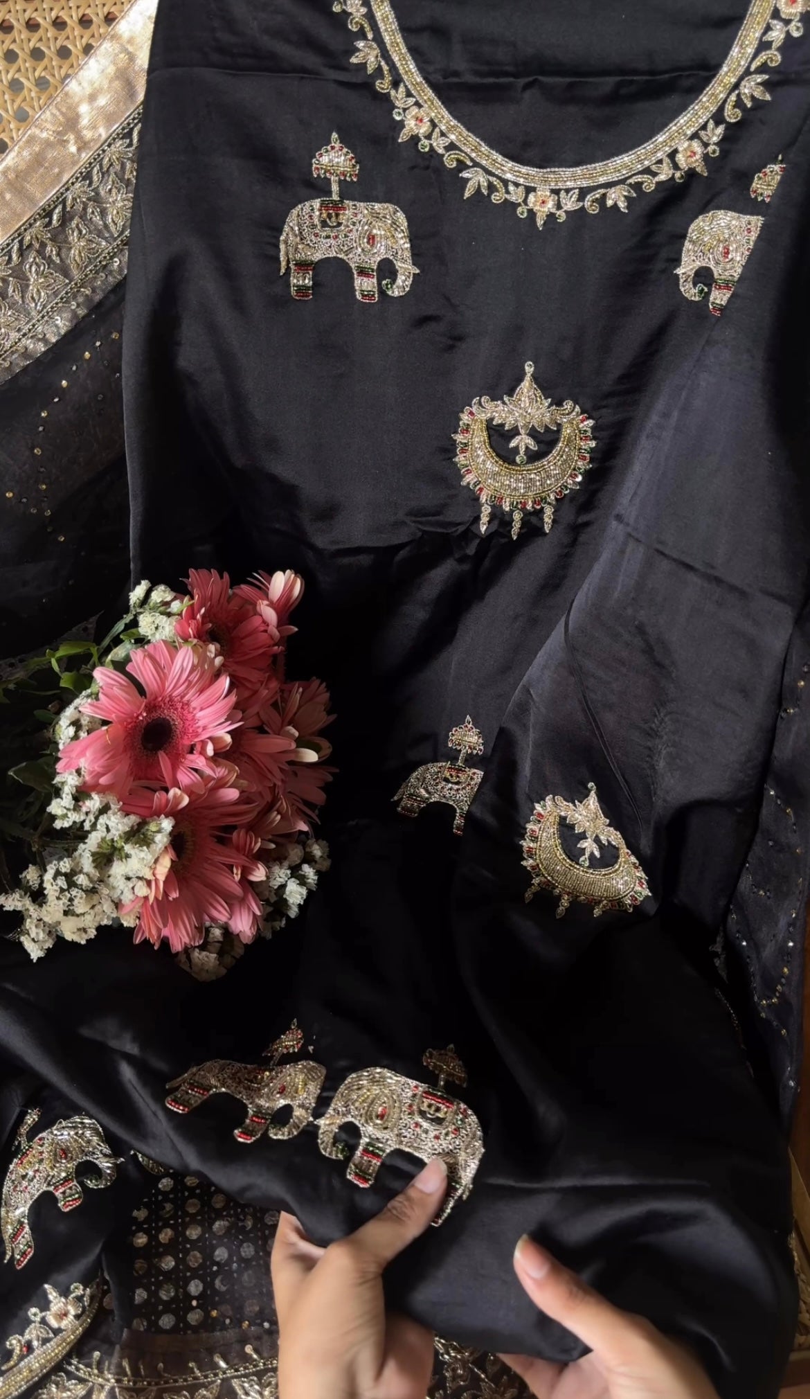 Black mashru silk elephant hand embroidery kurta with heavy hand embroidered duppata set
