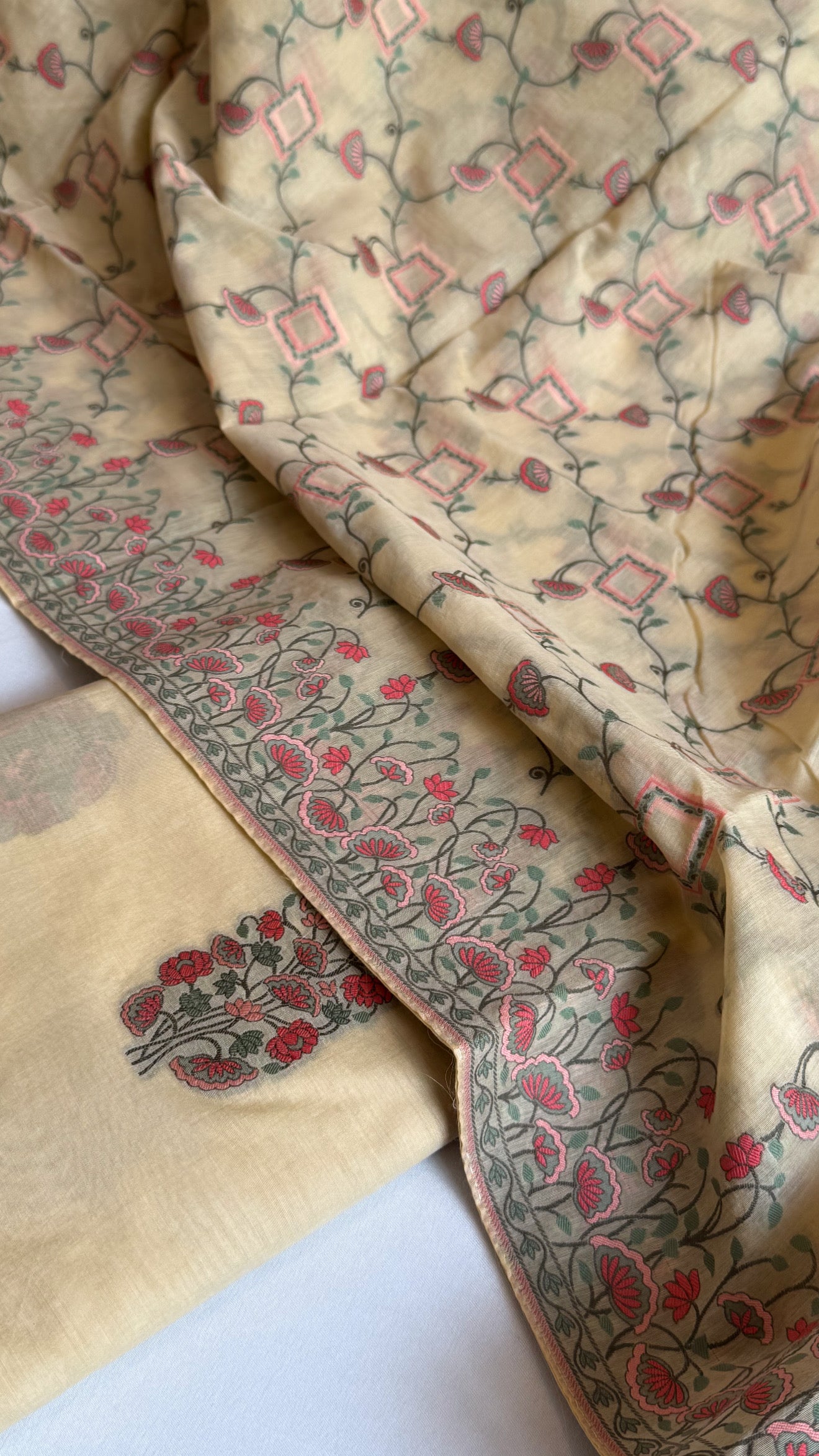 Ivory banarasi cotton resham meenakari kadhwa suit set