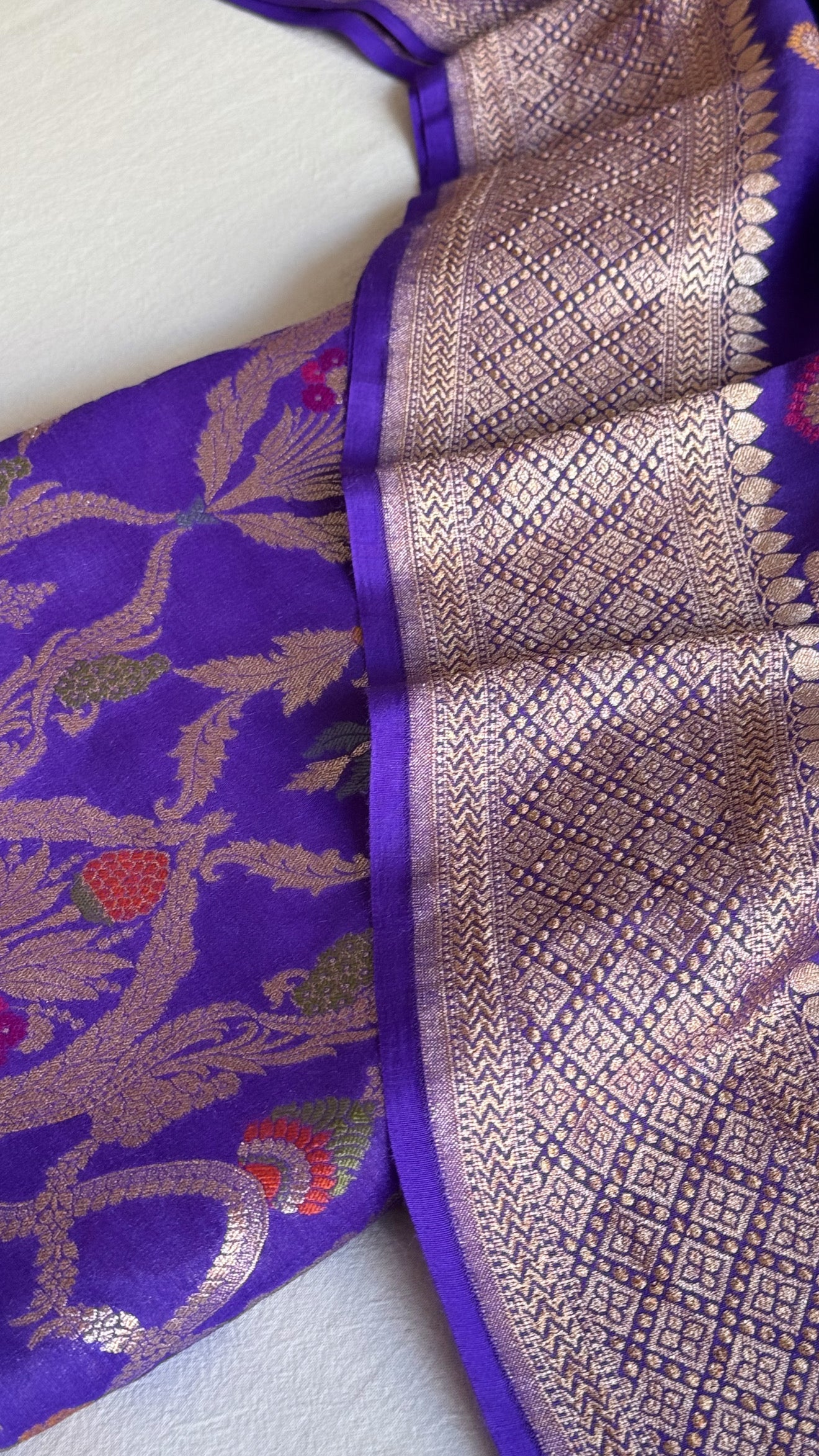 Moonga silk bright purple meenakari kadhwa jungla brocade suit set