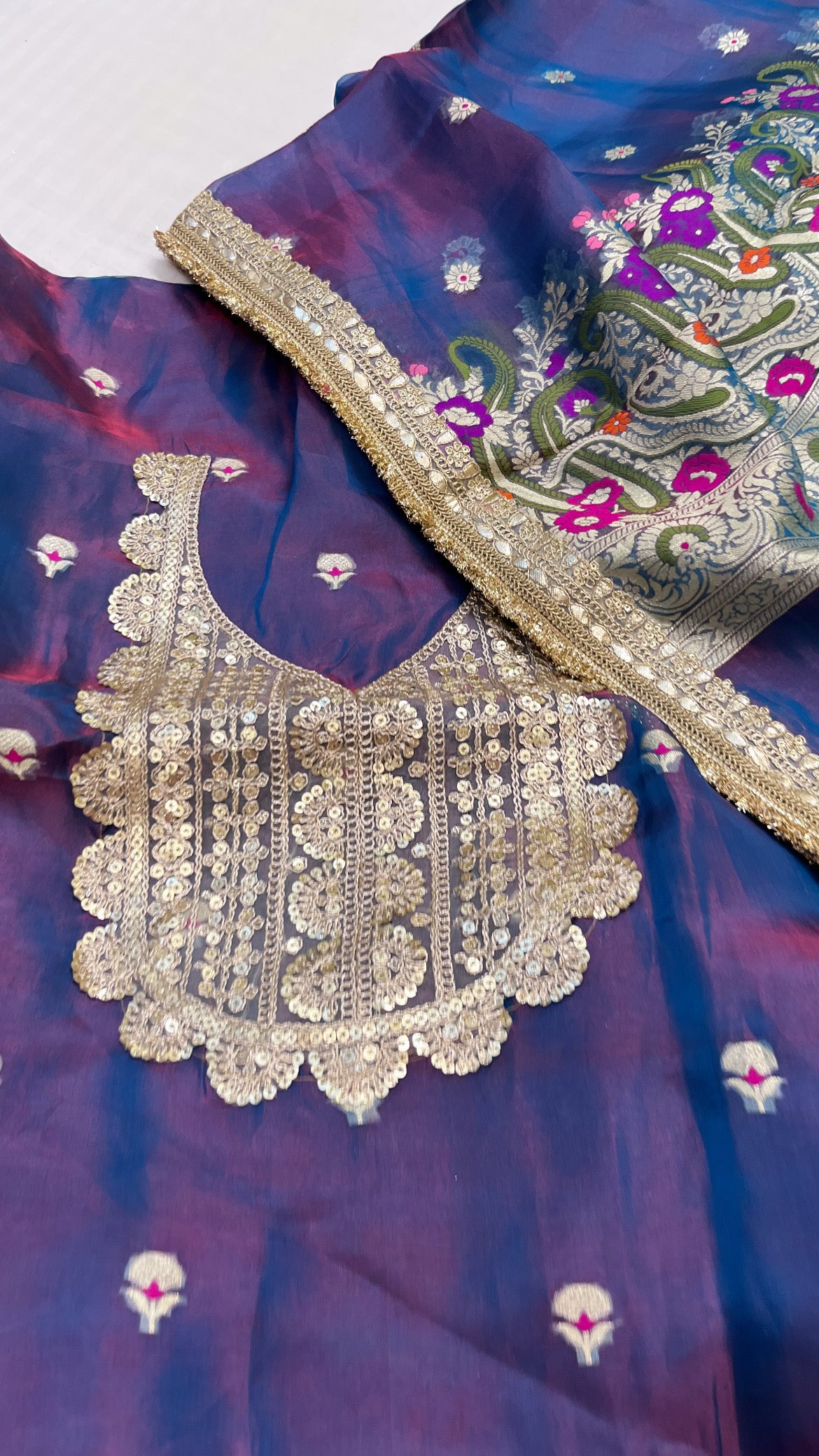 Heeramandi ink purple dhup chao effect tissue silk meenakari suit set