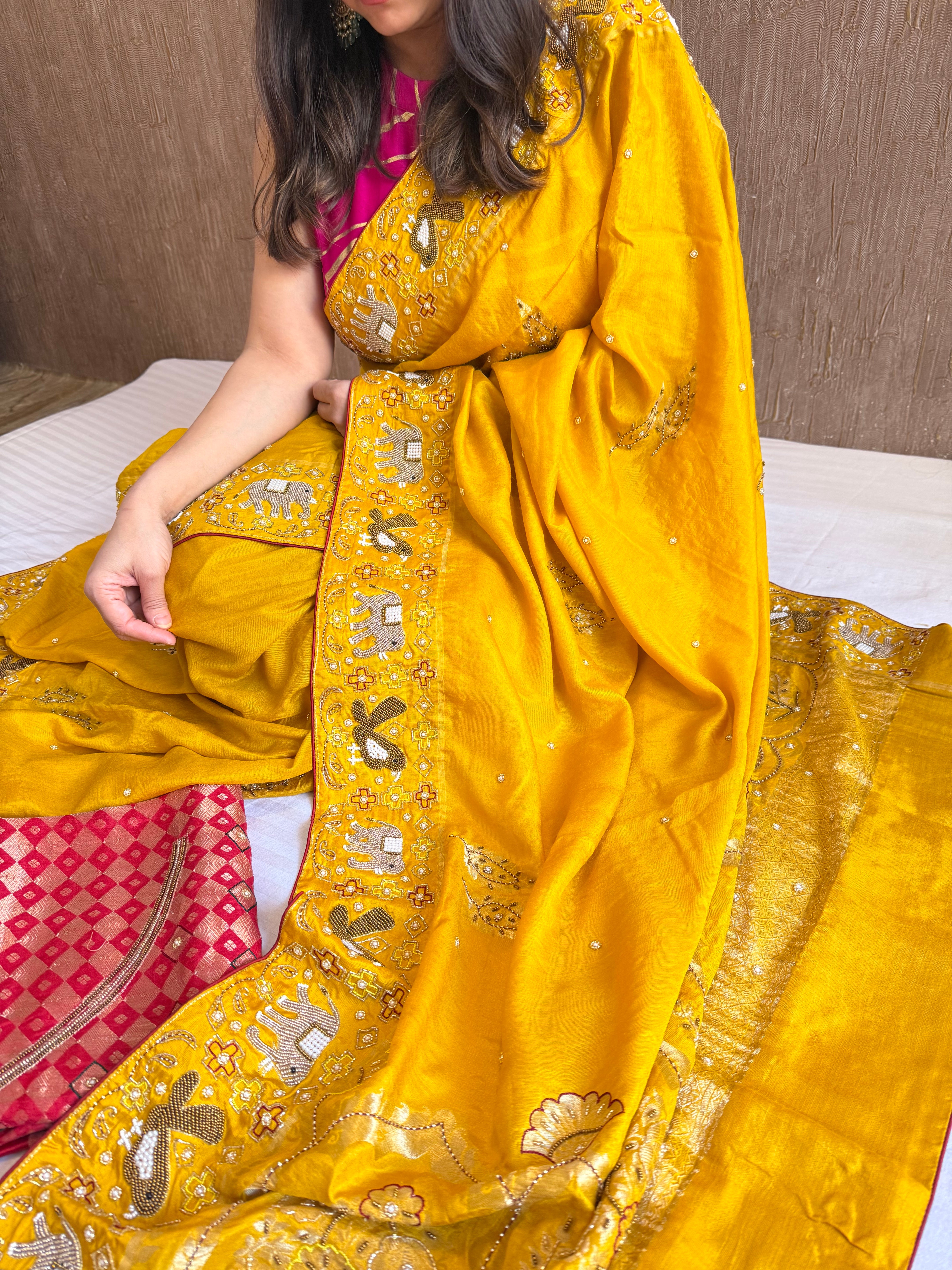 Moonga silk ikkat patola inspired hand embroidered kadhwa saree