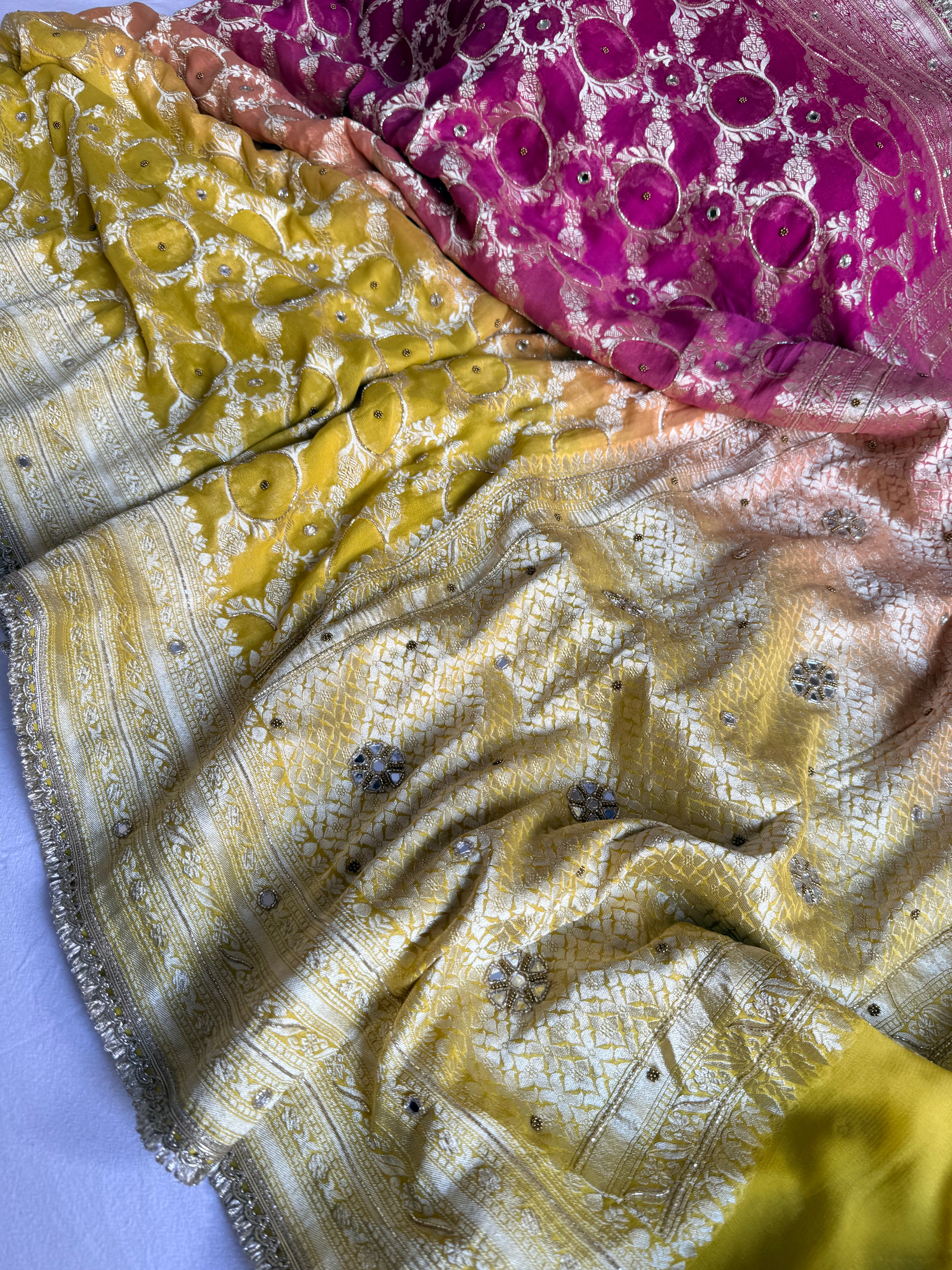 Banarasi chiffon gorgette kadhwa weaving hand embroidered saree