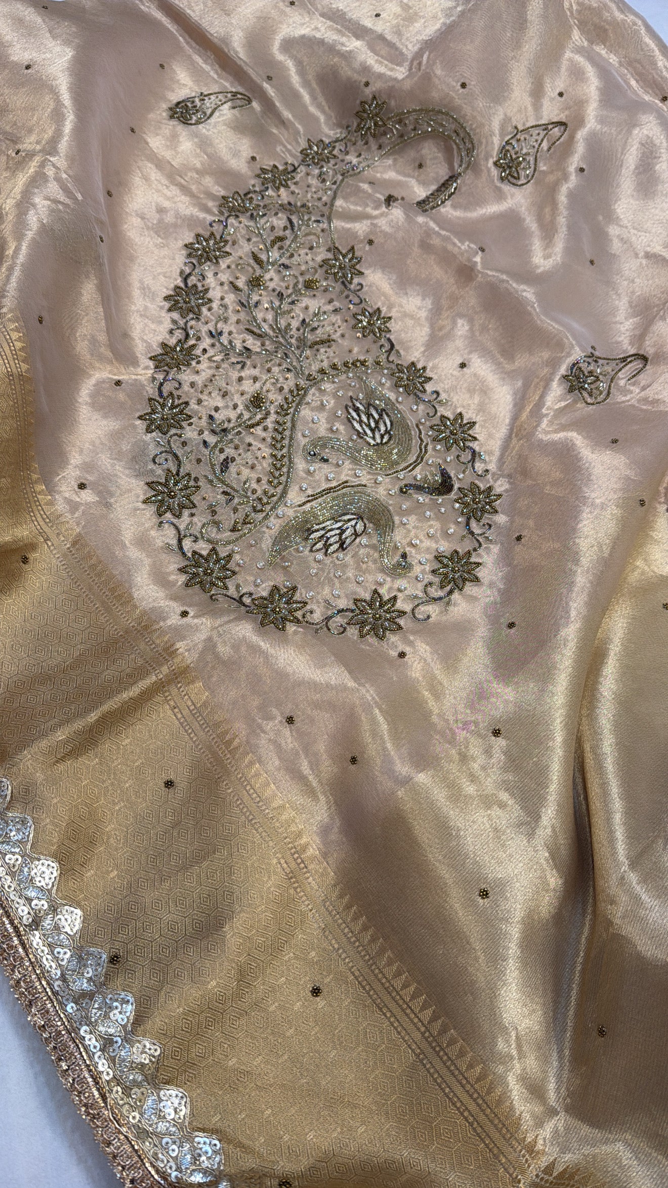 Golden husn tissue silk hand embroidered kadhwa saree