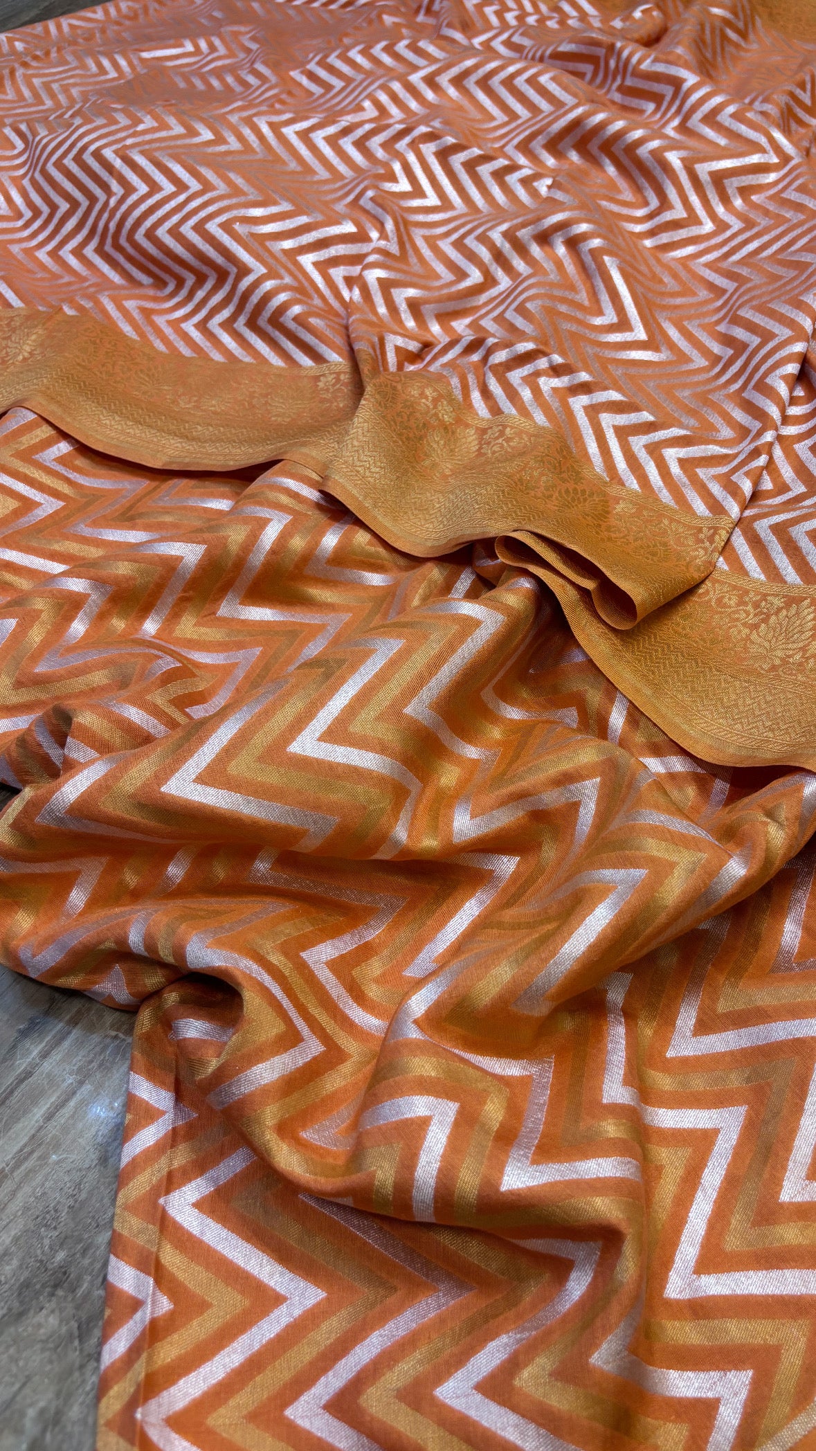 Fanta orange moonga silk chevron weaving sona rupa kadhwa suit set