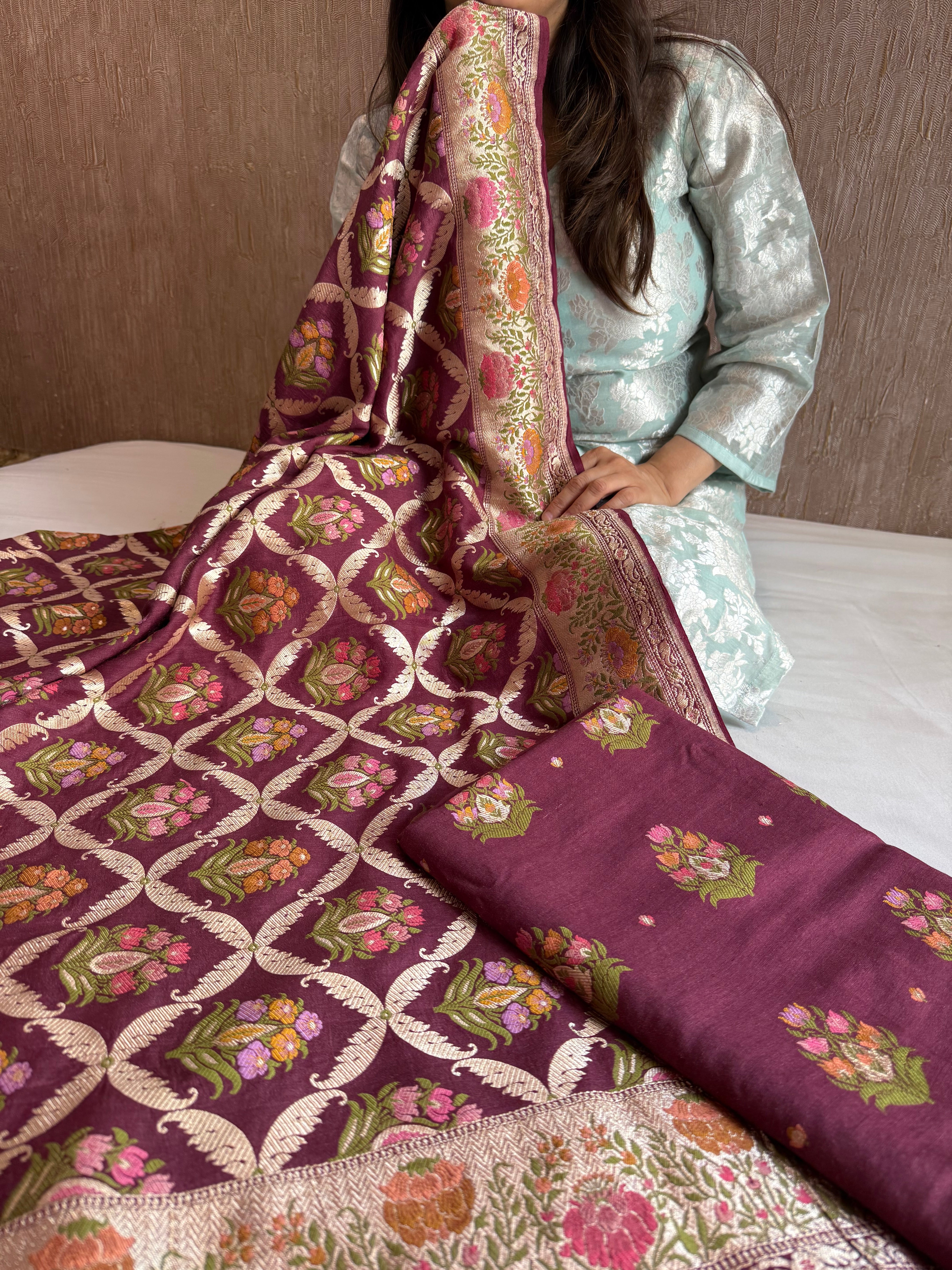 Deep purple moonga silk heavy meenakari kadhwa buti suit set