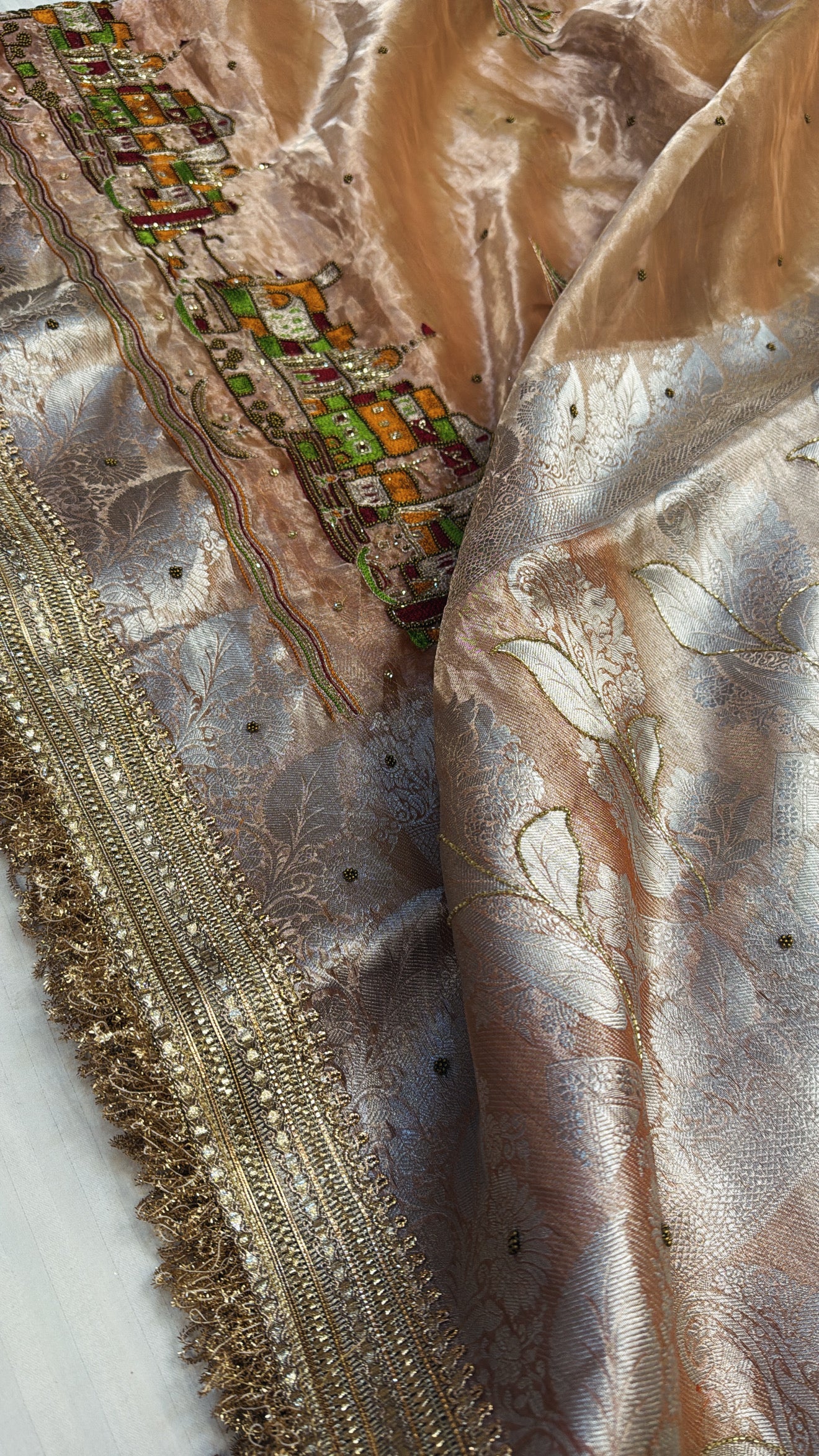 Wedding edit - Husn Chuski orange banarasi ghat motif tissue silk hand embroidered saree