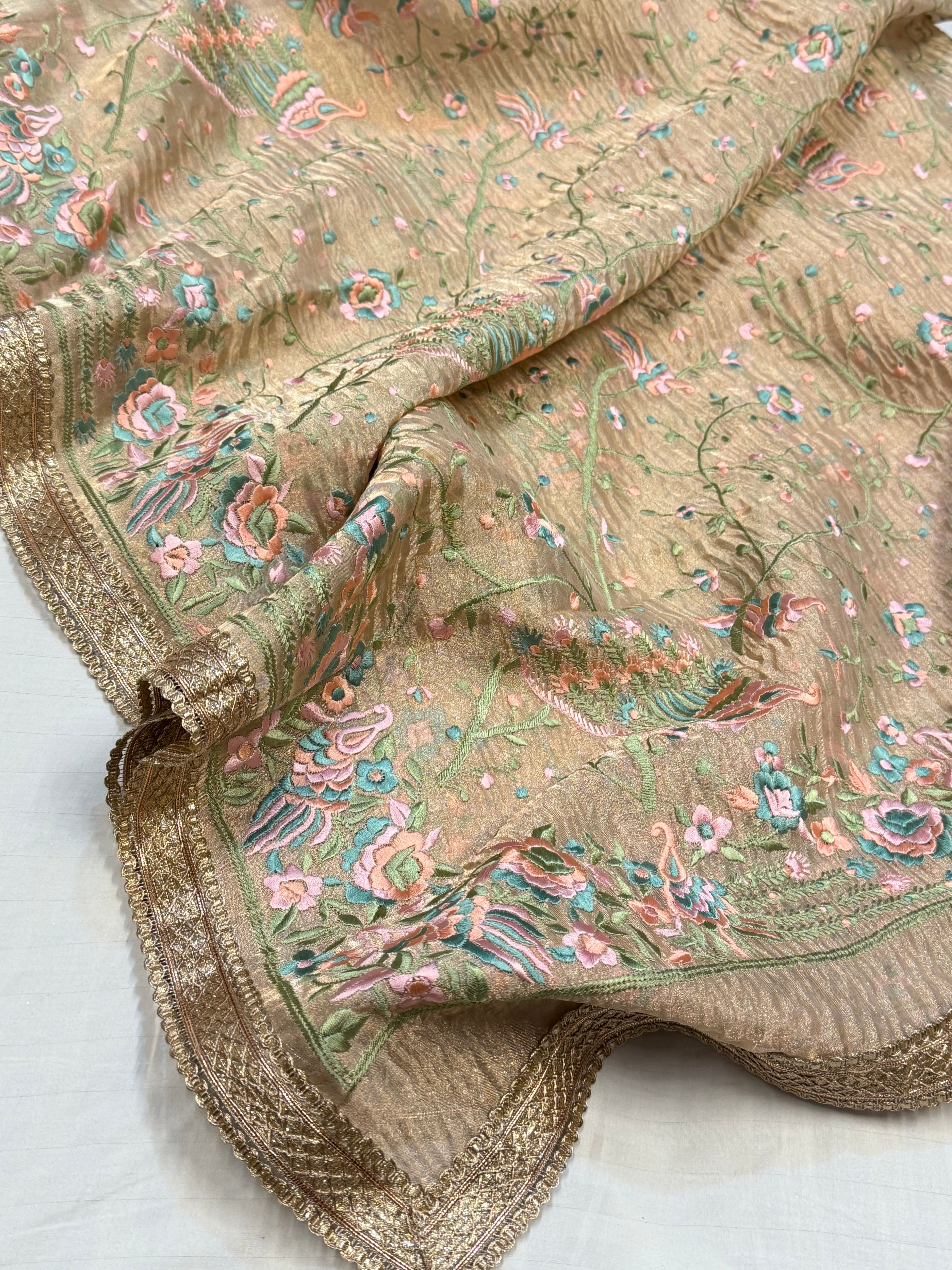 “Parsi gara” inspired tissue silk Resham work heavy hand embroidered saree