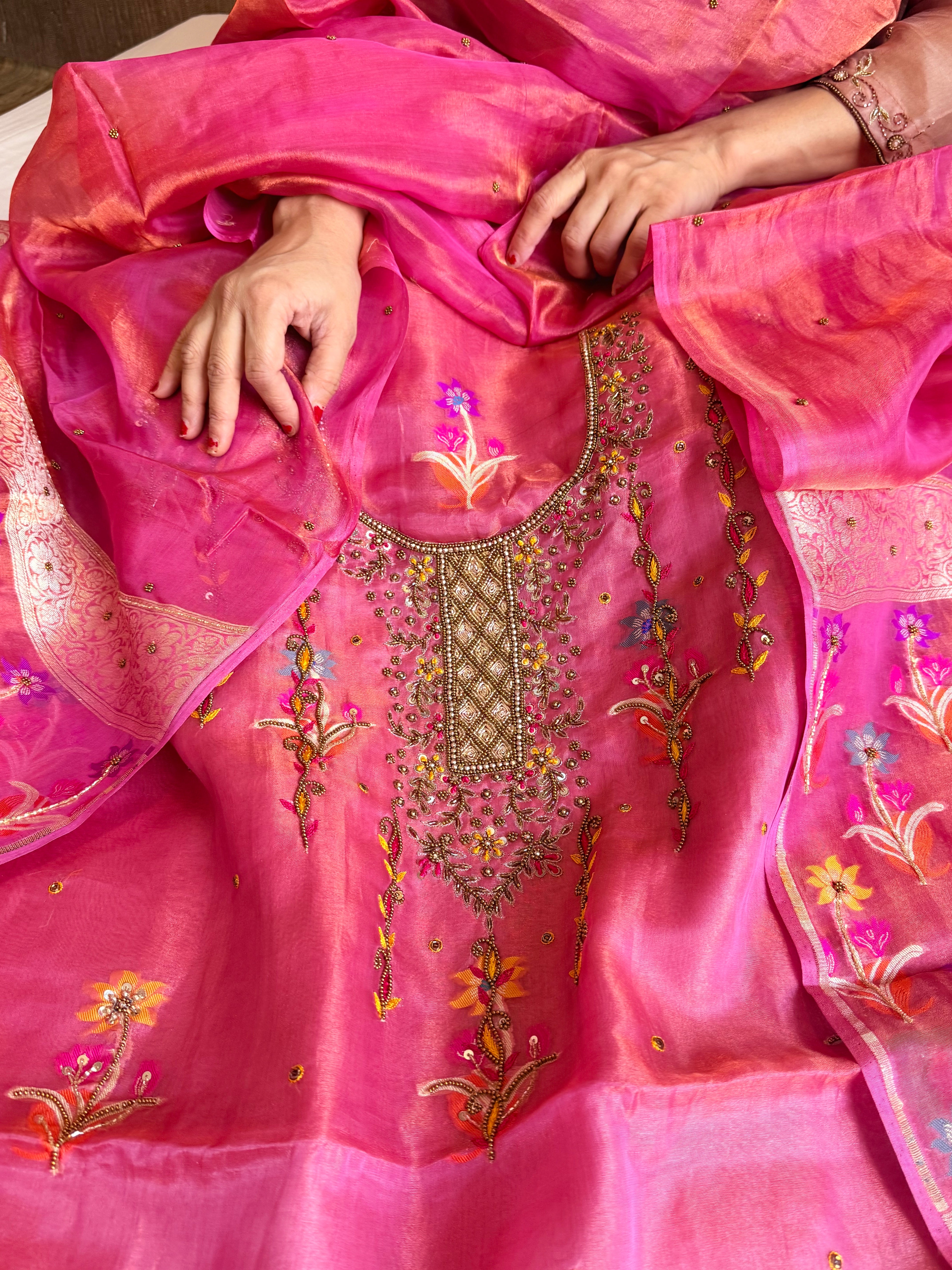 Banarasi tissue silk lotus pink tissue silk meenakari hand embroidered suit set