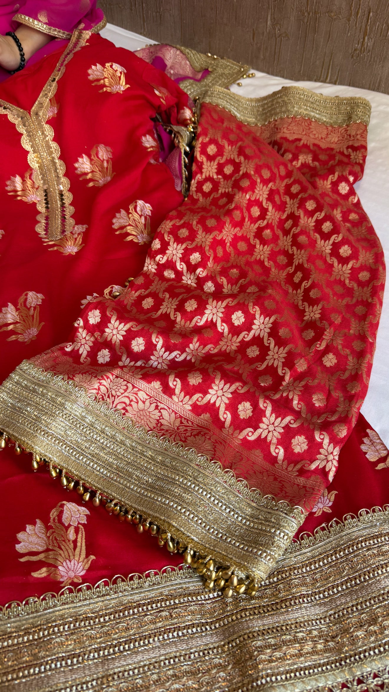 Pakistani drama inspired blood red banarasi gorgette semi-stitched kadhwa gotapatti suit set