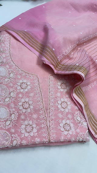 Pure Banarasi blush pink handloom premium cotton kadhwa lucknowi chikankari hand embroidered suit set with intricately hand embroidered motifs and ombre shaded duppata set