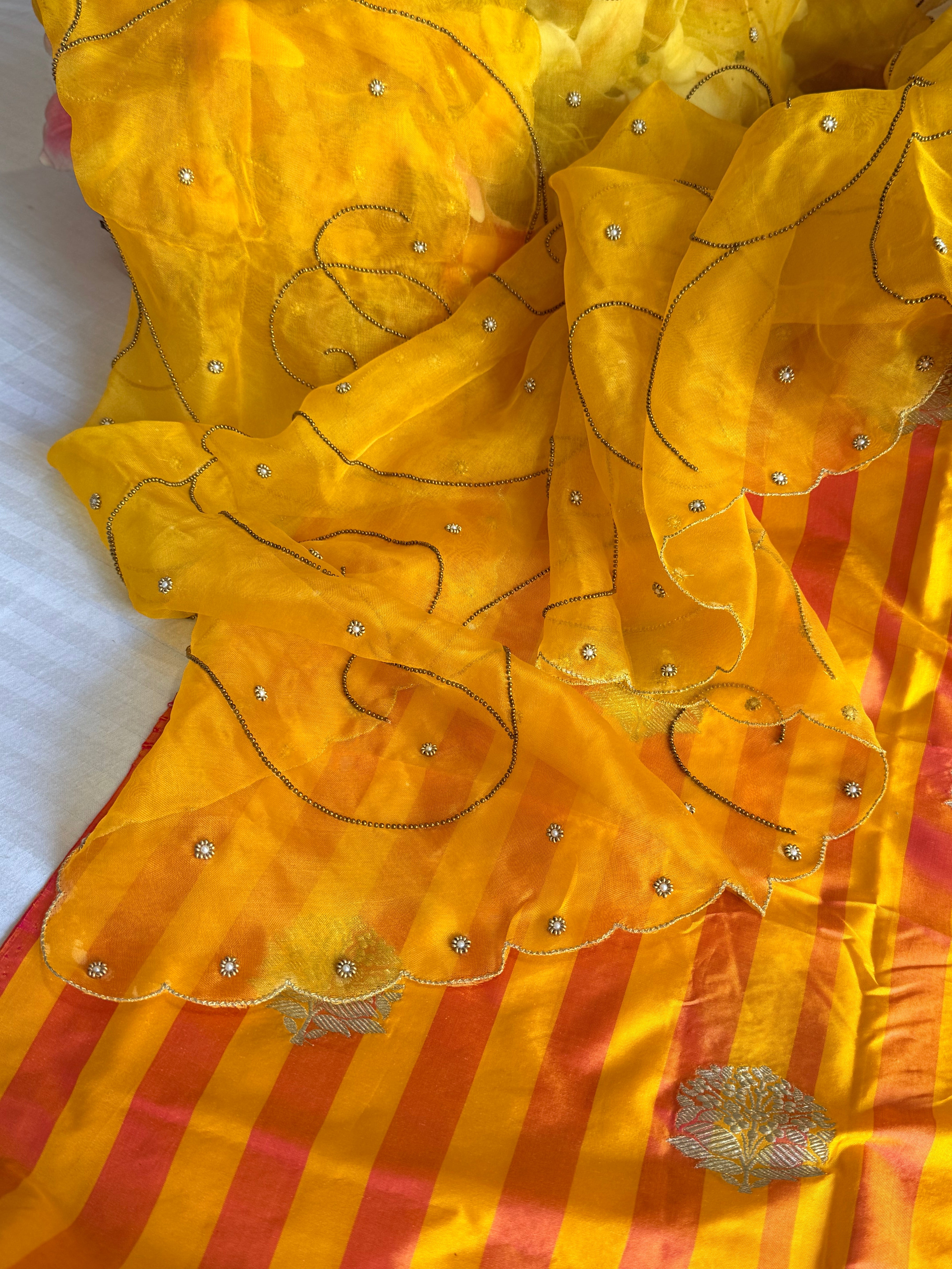 Katan silk striped kadhwa hand embroidered dhup chao effect suit set