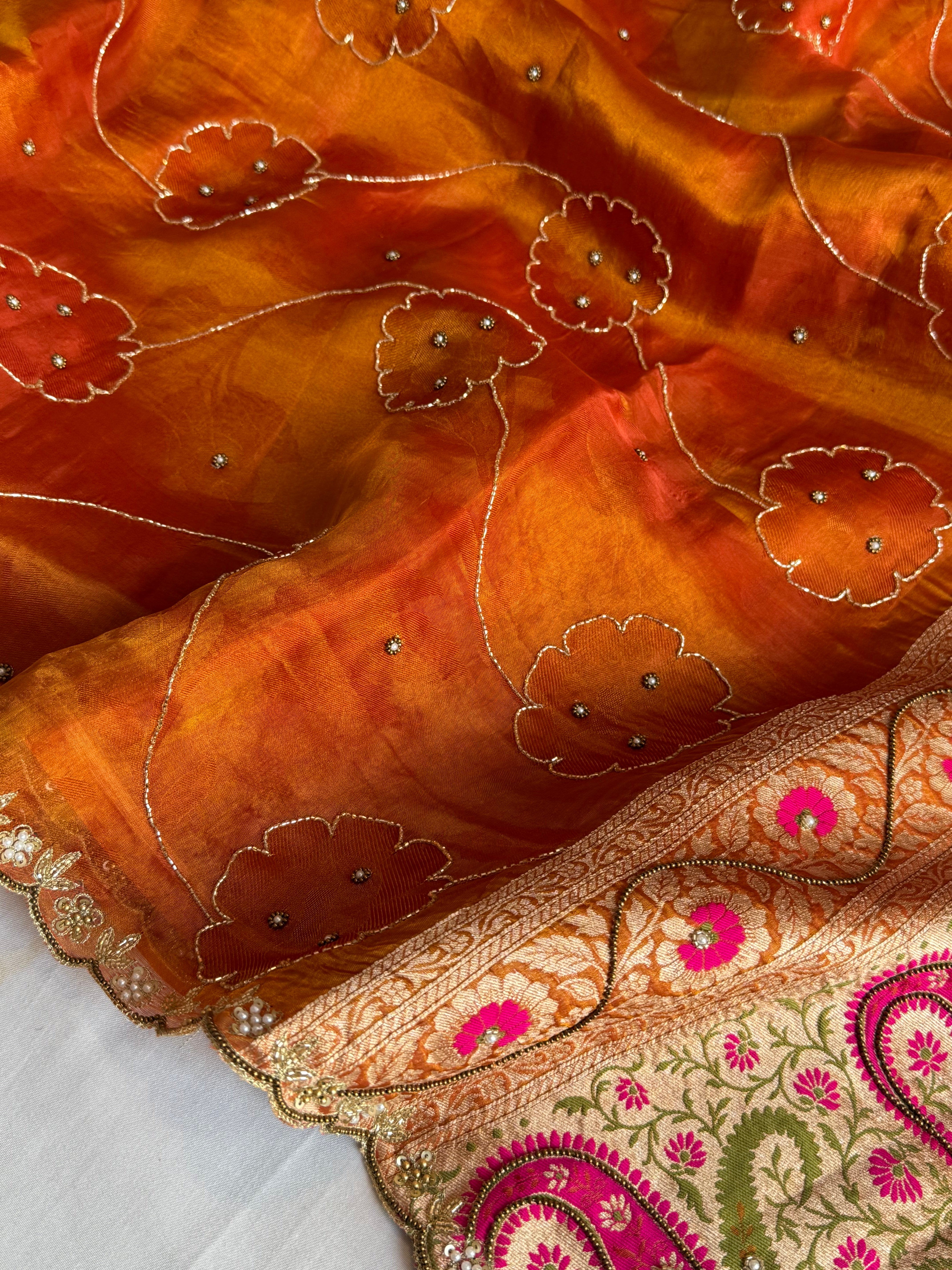 Fanta orange tissue tanchoi meenakari jamevar pallu hand embroidered saree