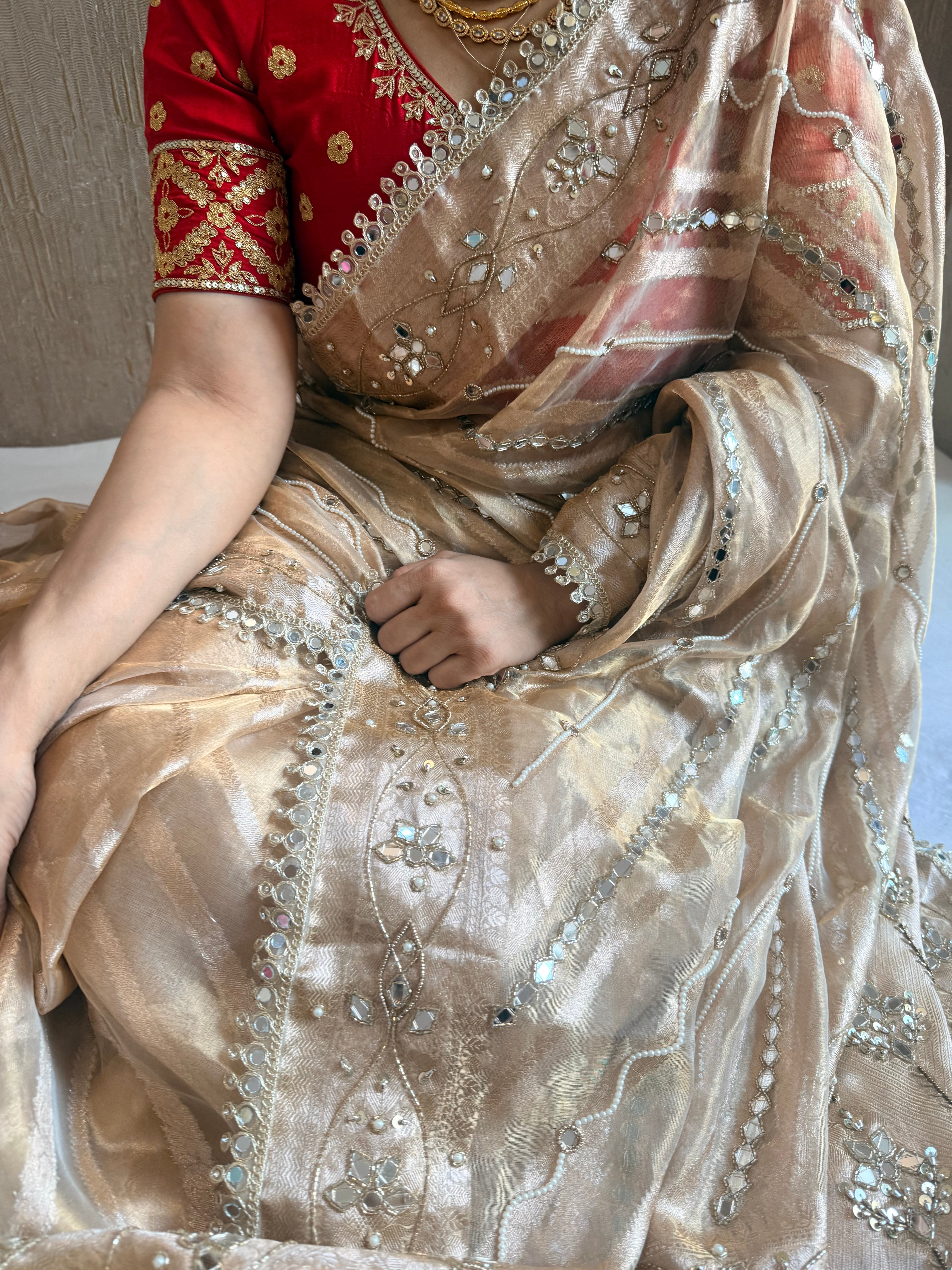 Butter gold tissue silk mirror work hand embroidered kadhwa saree