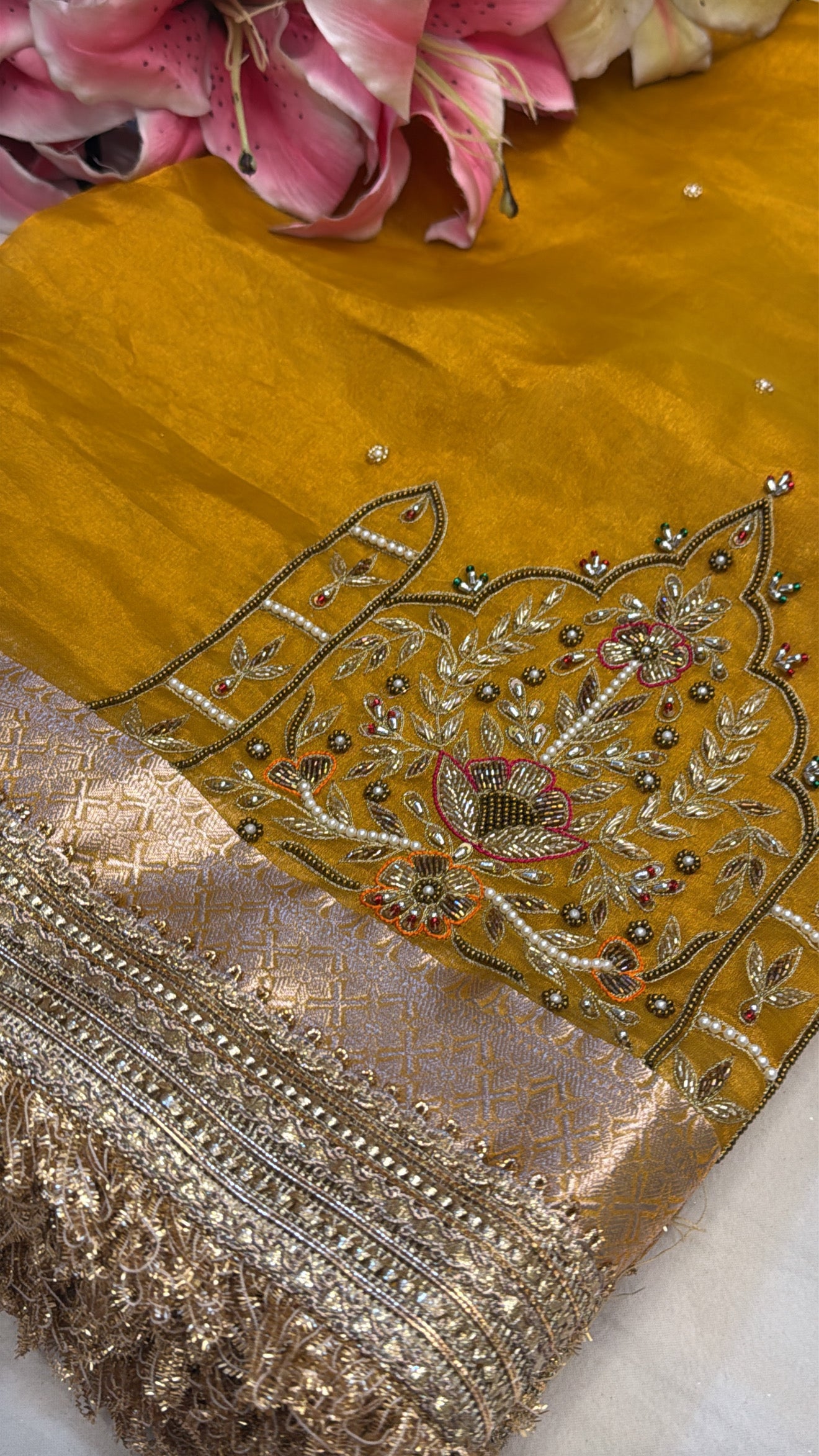 Haldi yellow husn tissue silk hand embroidered kadhwa saree