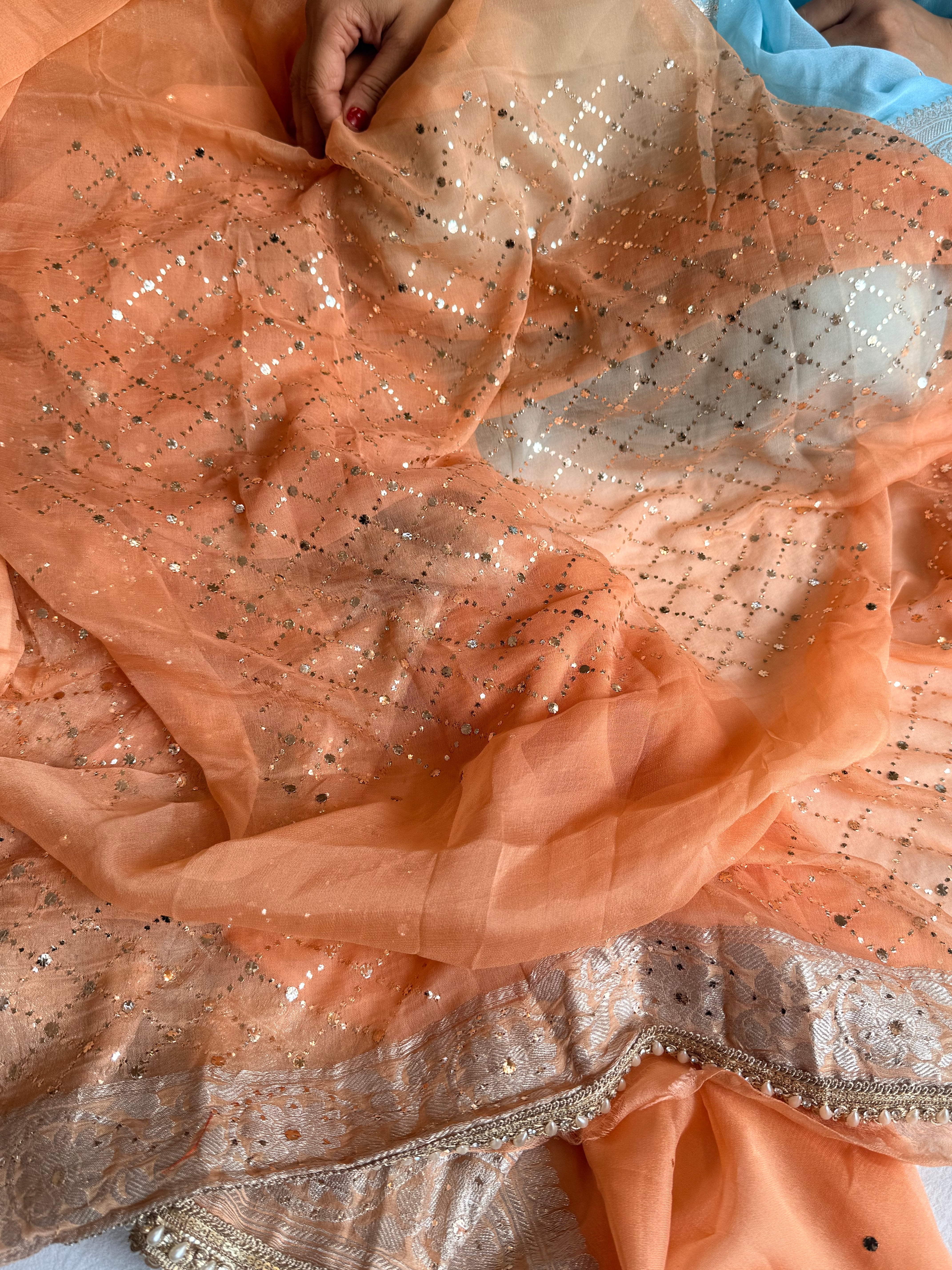 Chiffon gorgette banarasi peach mukaish work hand embroidered saree