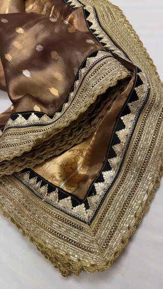 Maharani kanjivaram chocolate brown tissue silk kadhwa buti saree