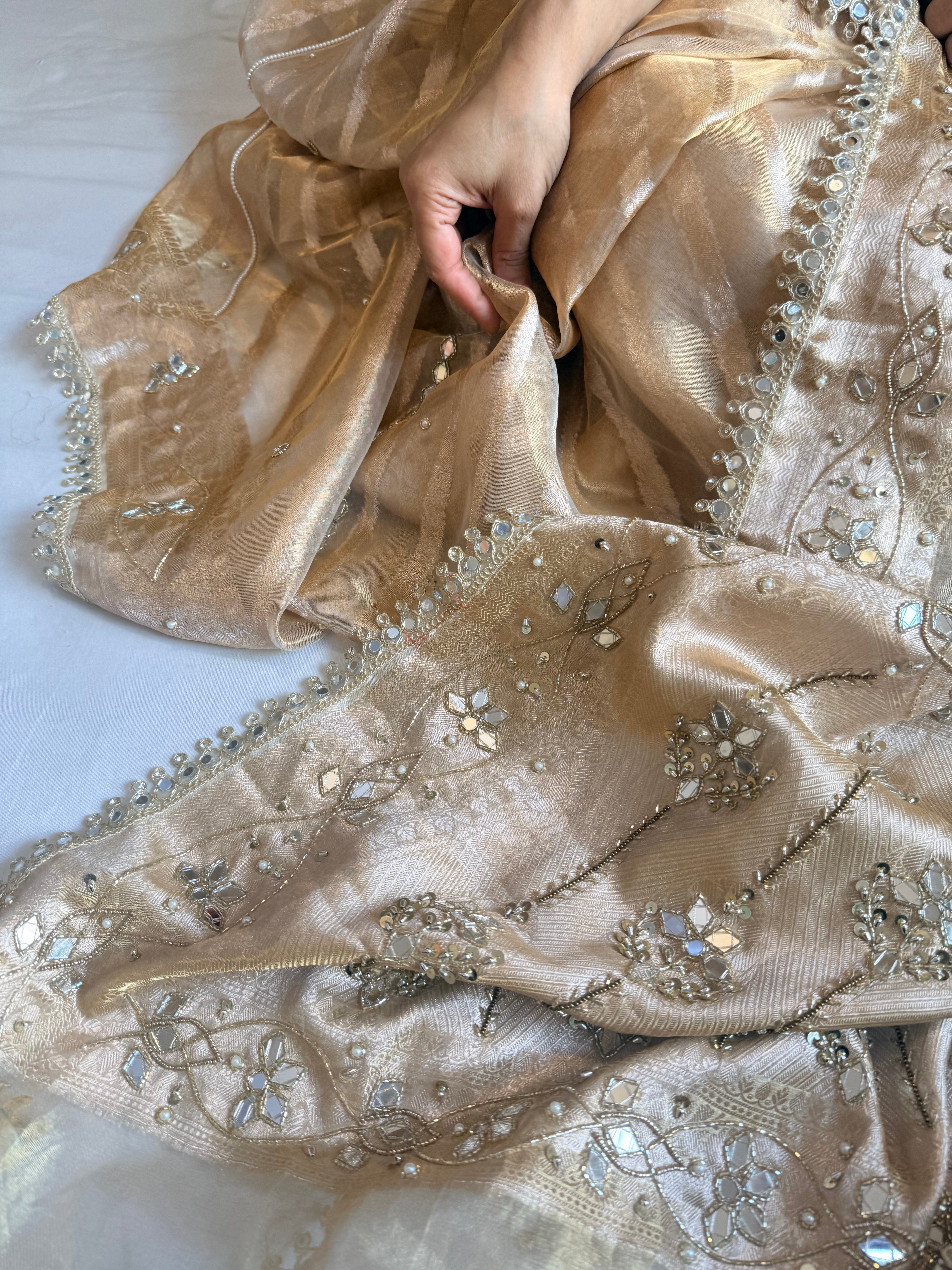 Butter gold tissue silk mirror work hand embroidered kadhwa saree