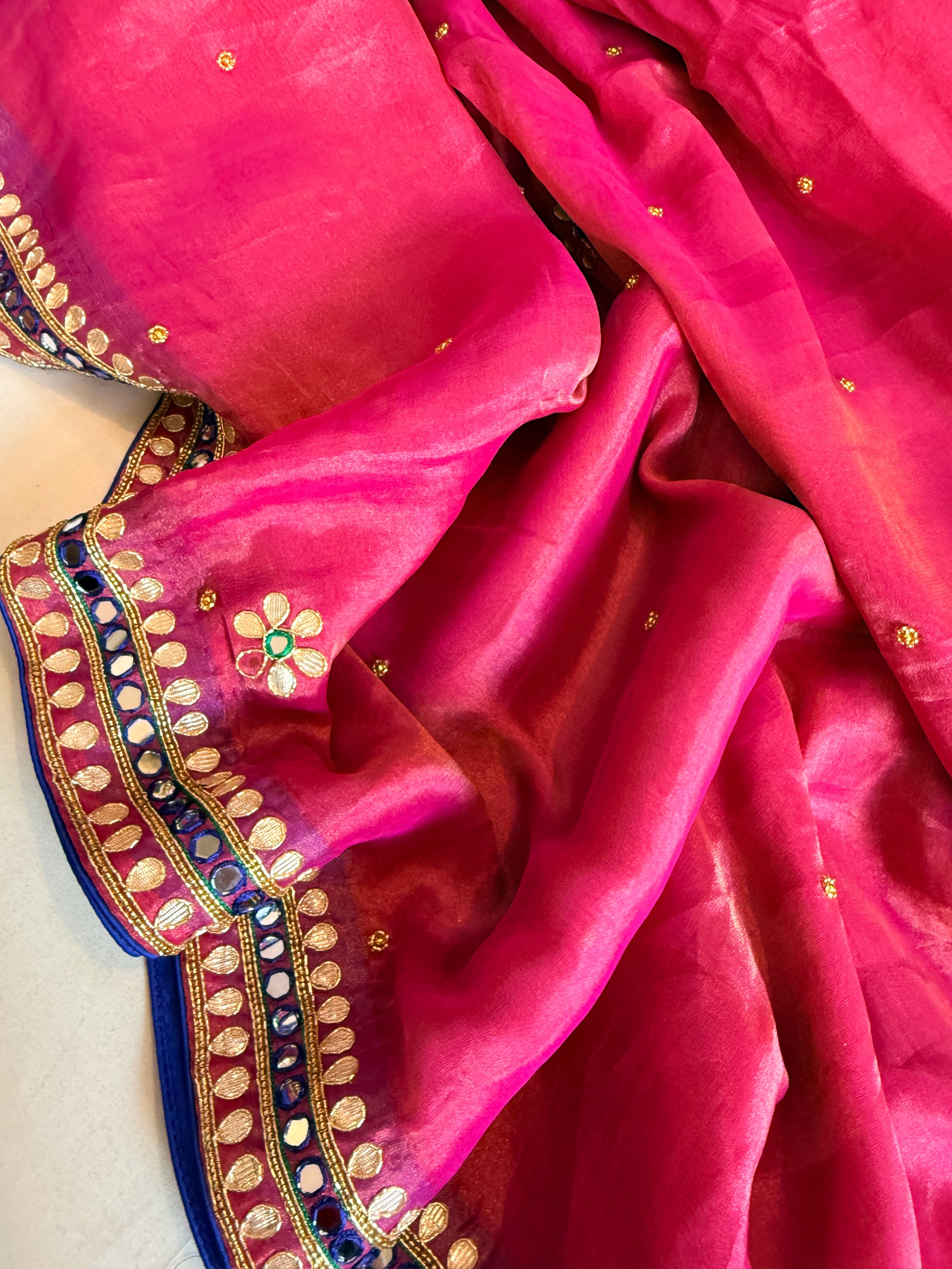 Hot pink tissue gorgette mirror work meenakari kadhwa banarasi saree