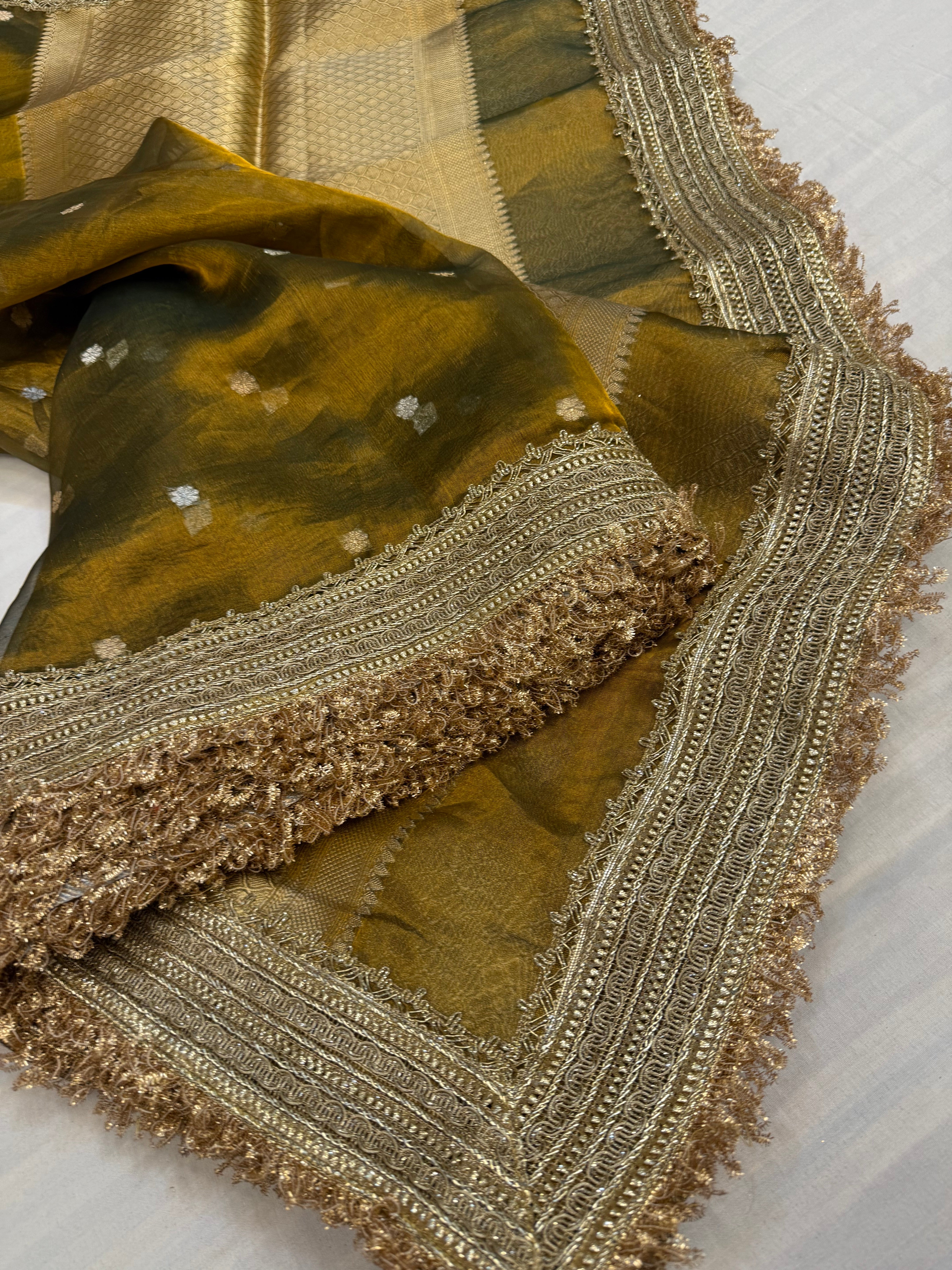 Antique green maharani tissue silk kadhwa buti saree