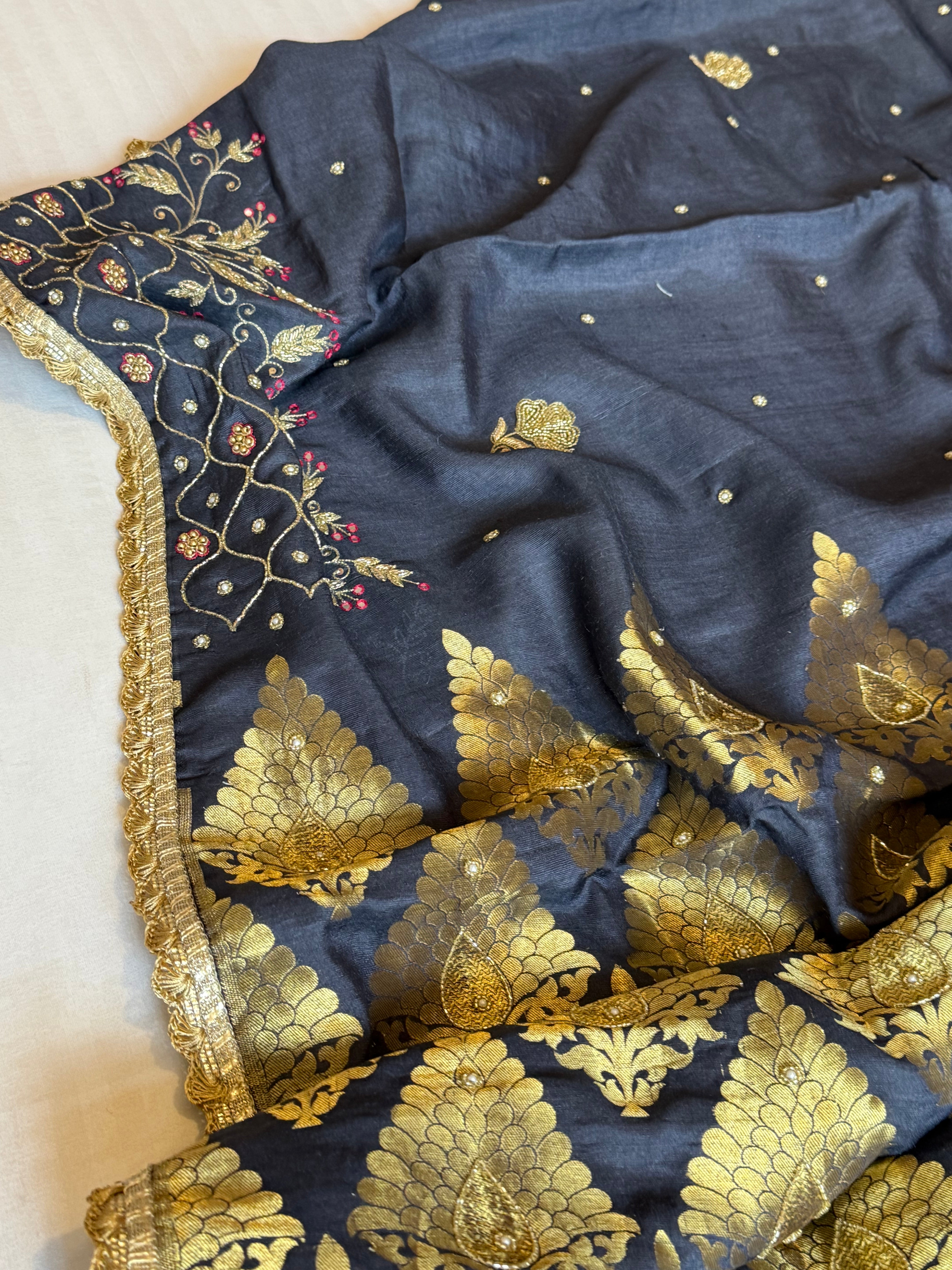 Navy blue moonga tussar silk hand embroidered kadhwa saree