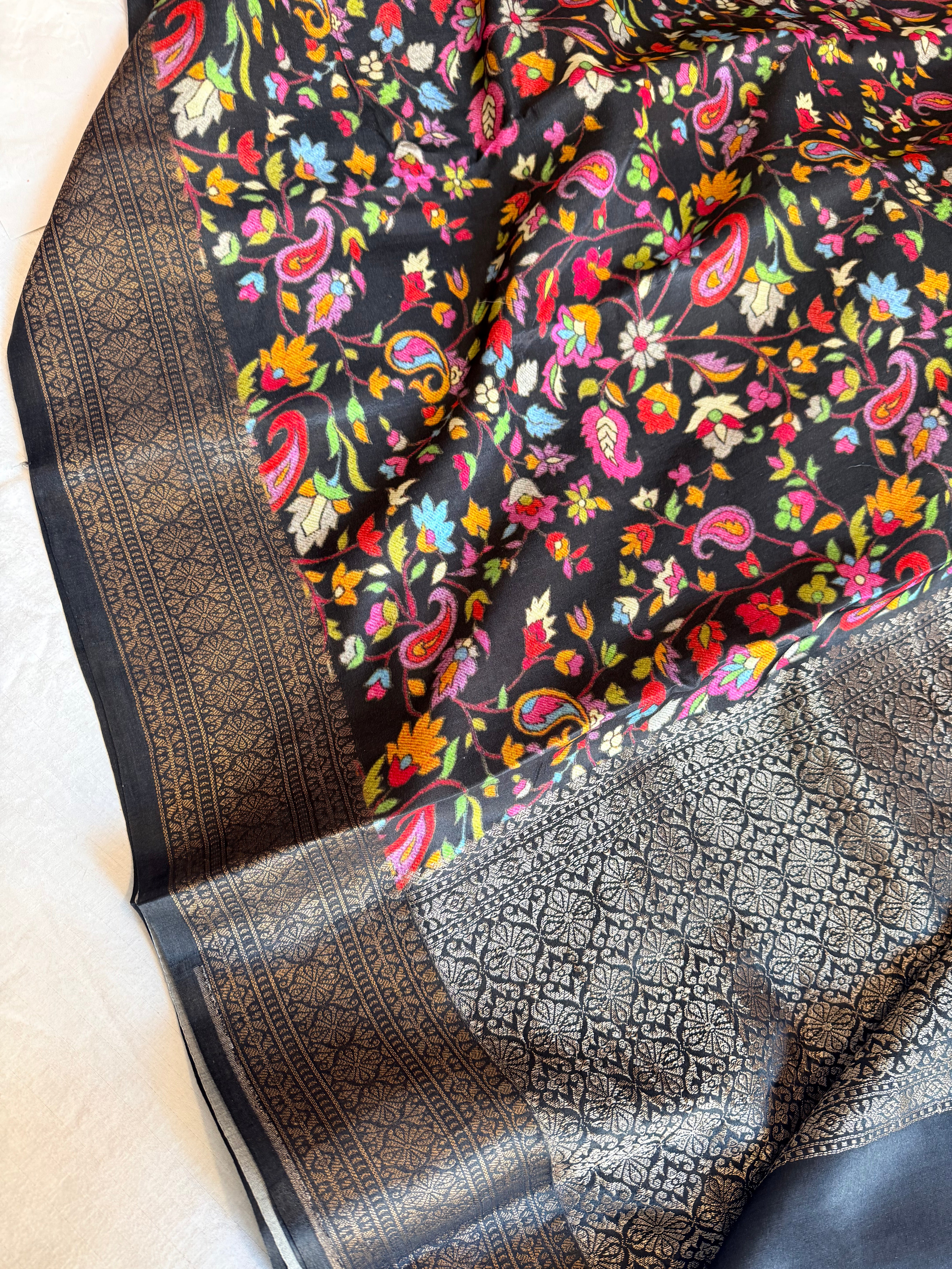 Banarasi mashru satin silk kani weaving printed black saree