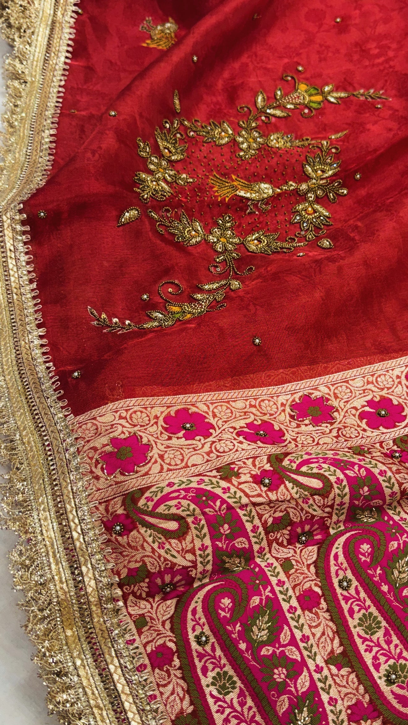 Karwachauth special - Tomato red tissue silk bird motif hand embroidered saree
