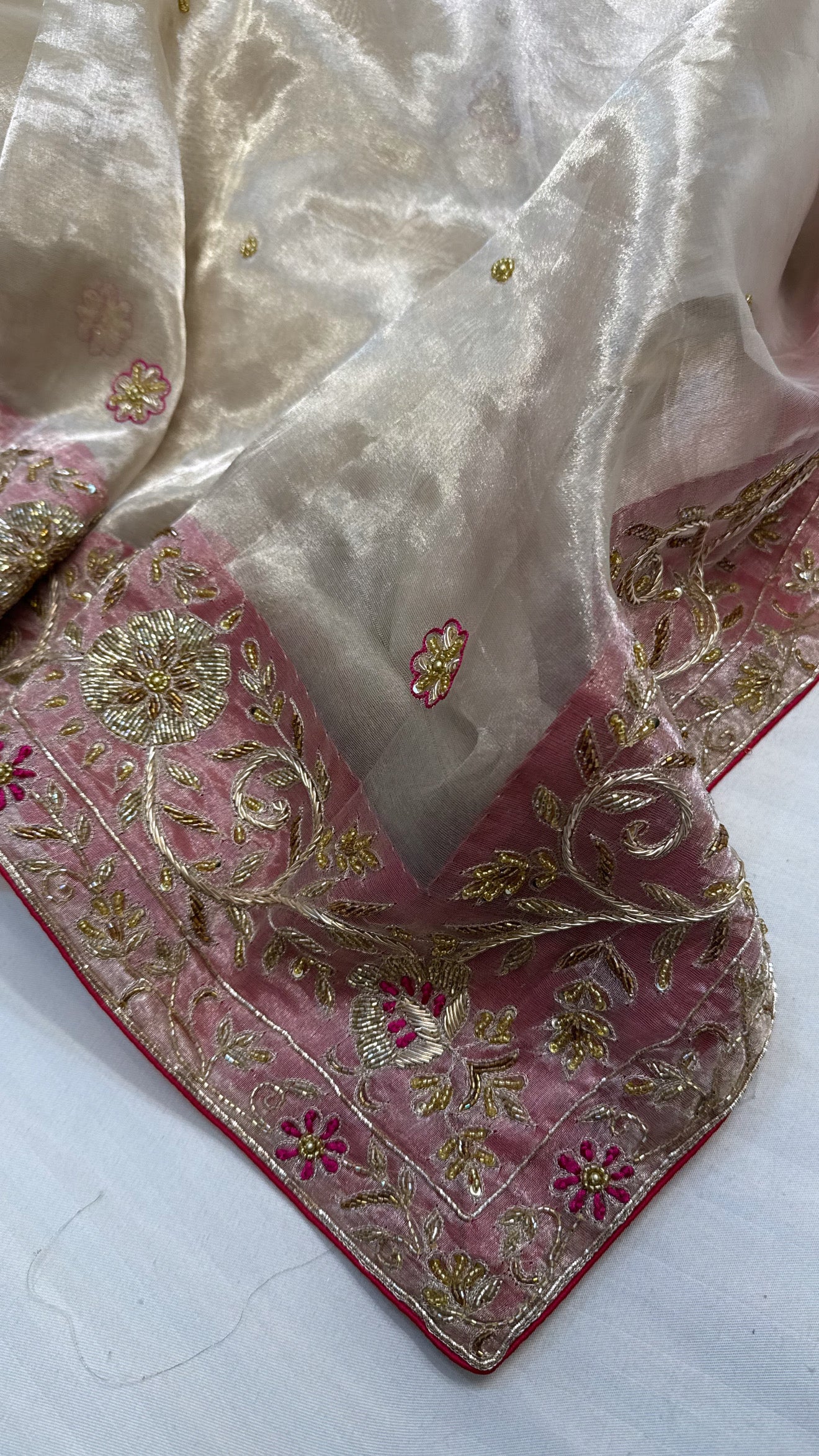 Gulab ki pankhuri husn tissue silk heavy zardozi hand embroidered border saree