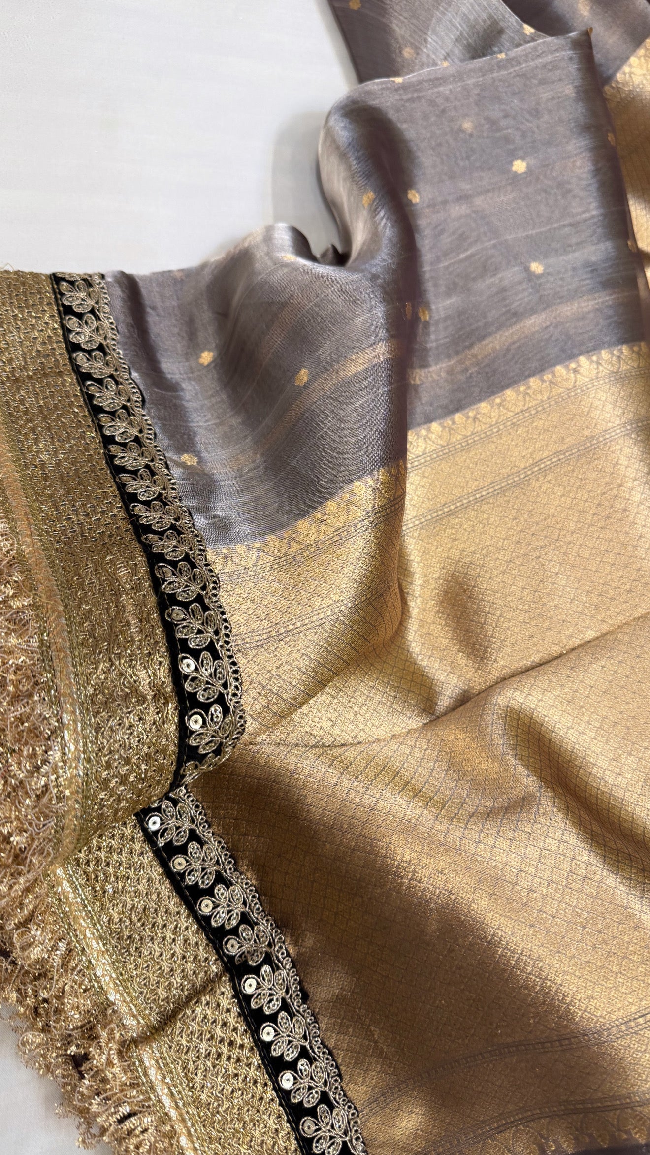 Maharani steel grey tissue silk kadhwa buti saree