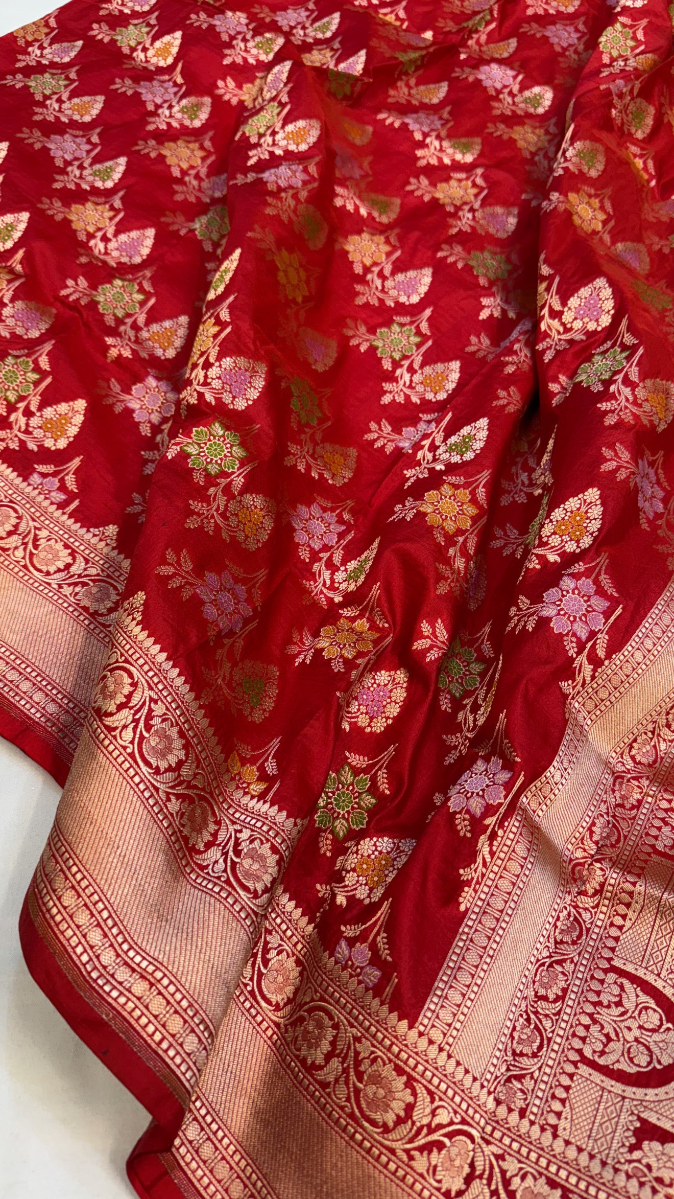 Bridal red katan silk kadhwa jaal meenakari duppata