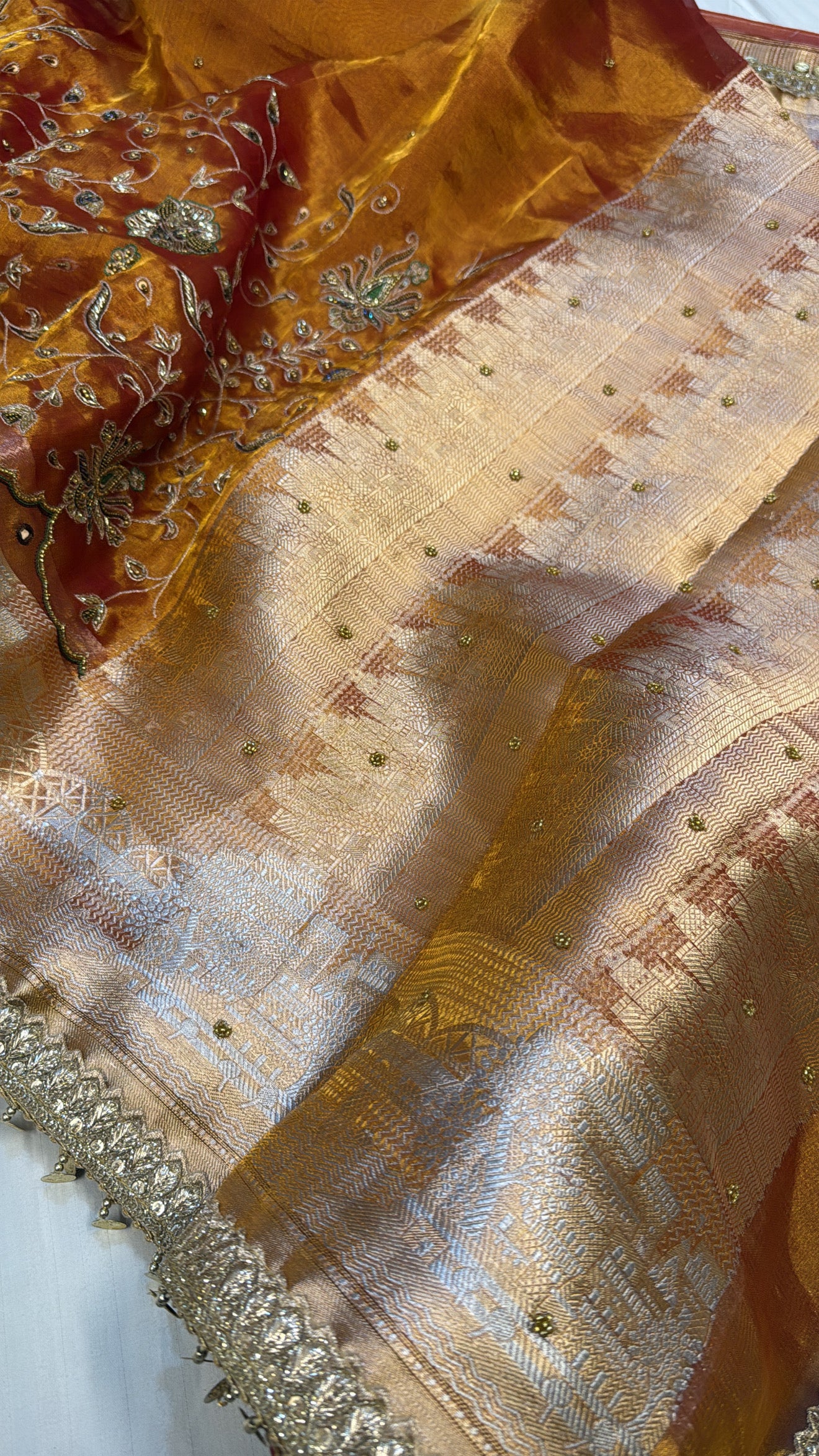 Burnt orange ghat woven border tissue silk heavy hand embroidered saree