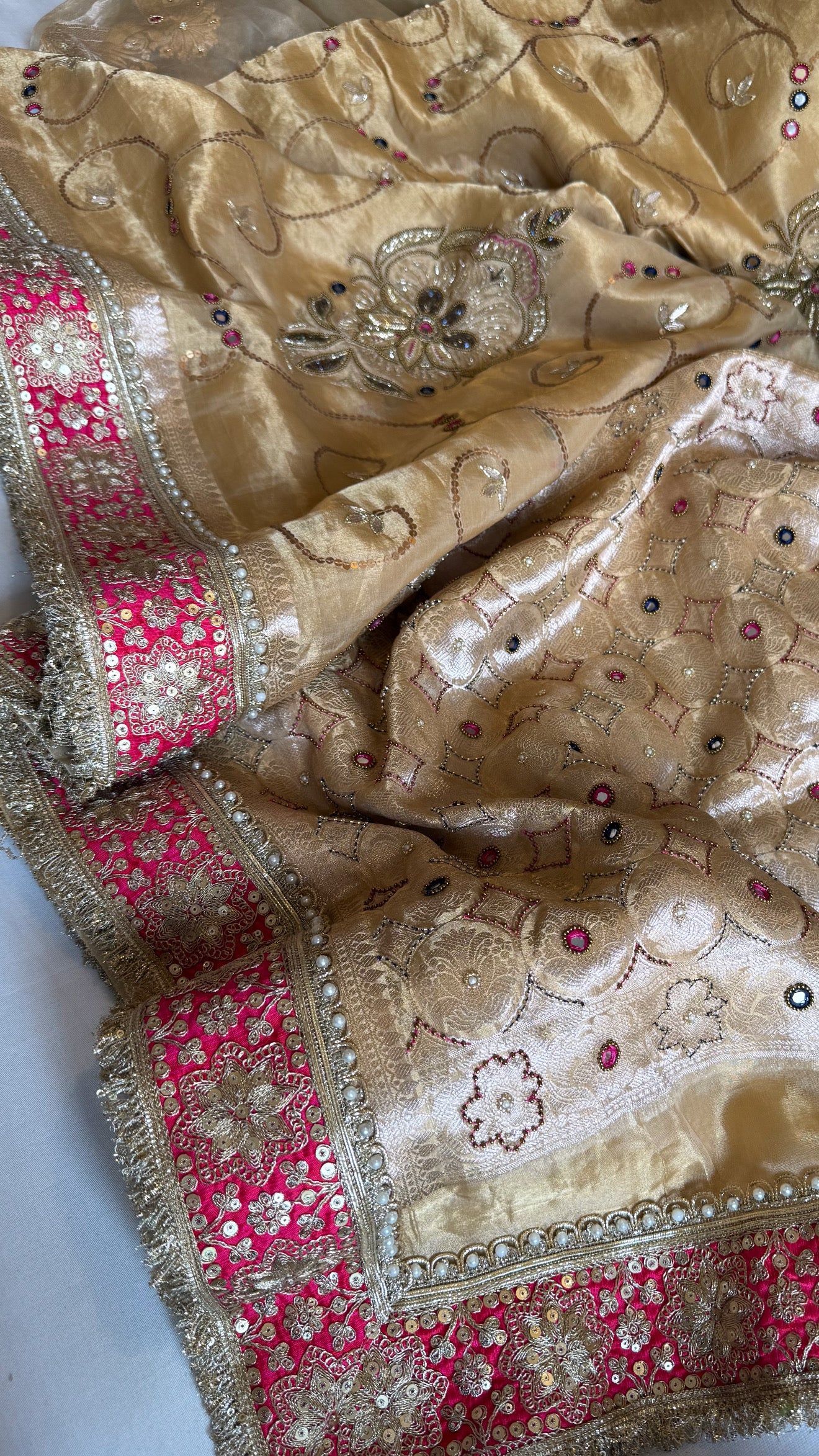 Kutchi inspired “sheesham edit” mirror work and meenakari work hand embroidered saree