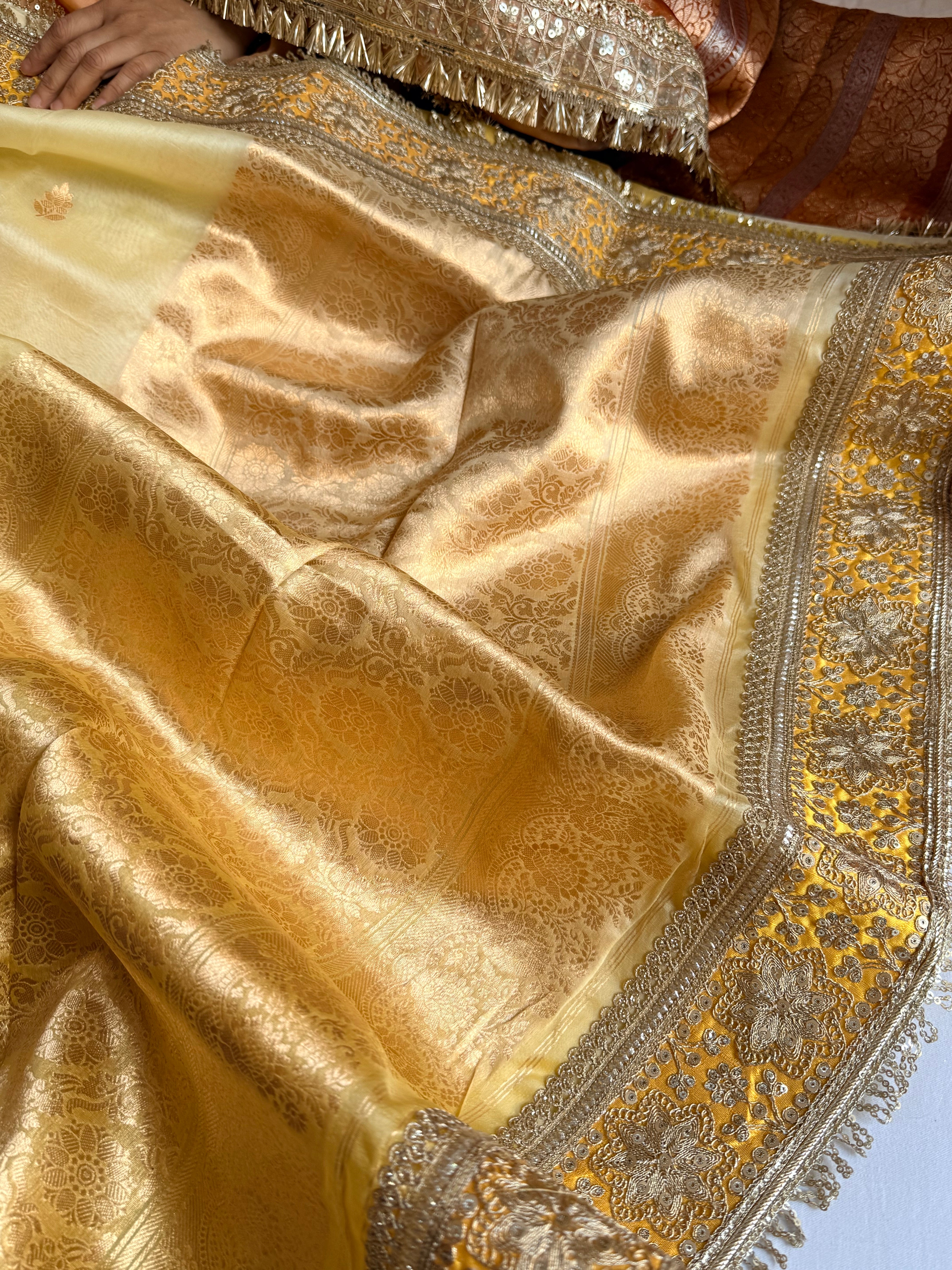 Banarasi butter yellow kora silk ombré shaded kadhwa saree