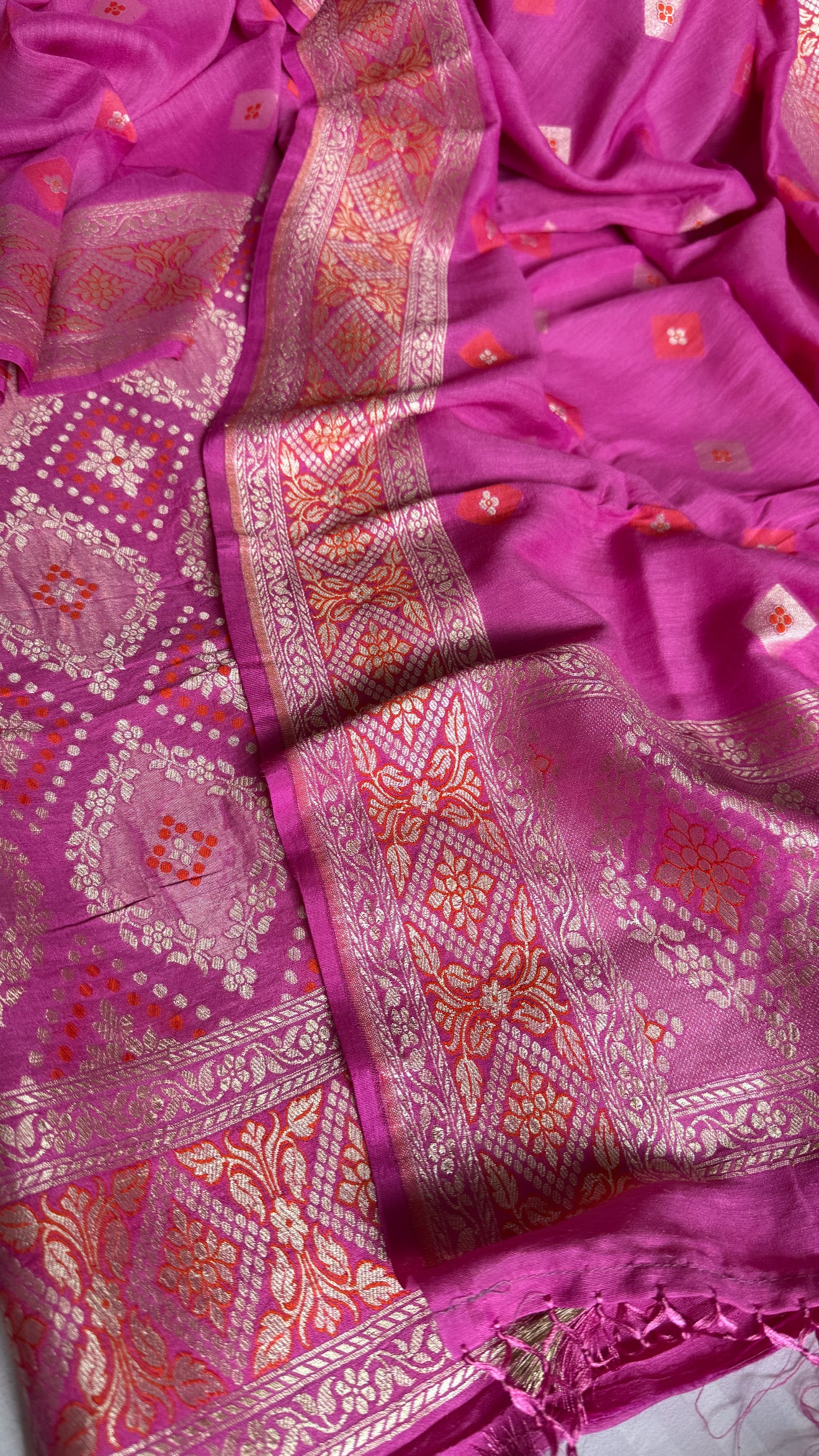 Strawberry pink moonga silk bandhej weaving kadhwa suit set