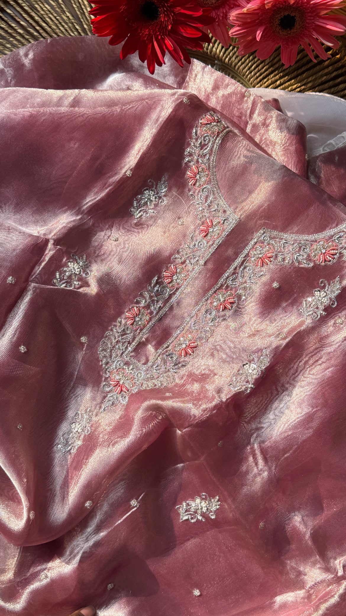 Blush pink diamond tissue silk hand embroidered suit set