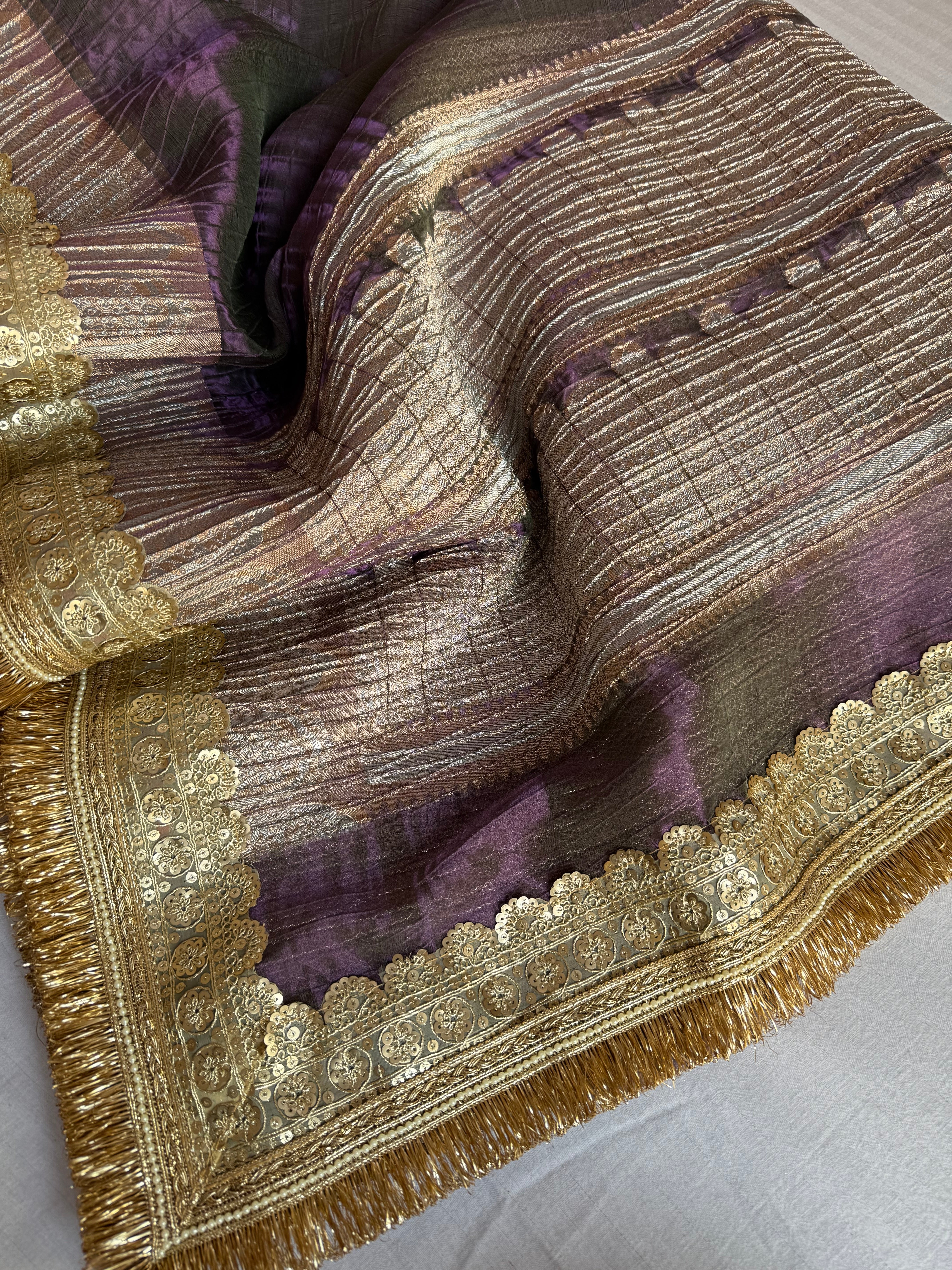 Space purple dhup chao effect pleated maharani tissue silk saree