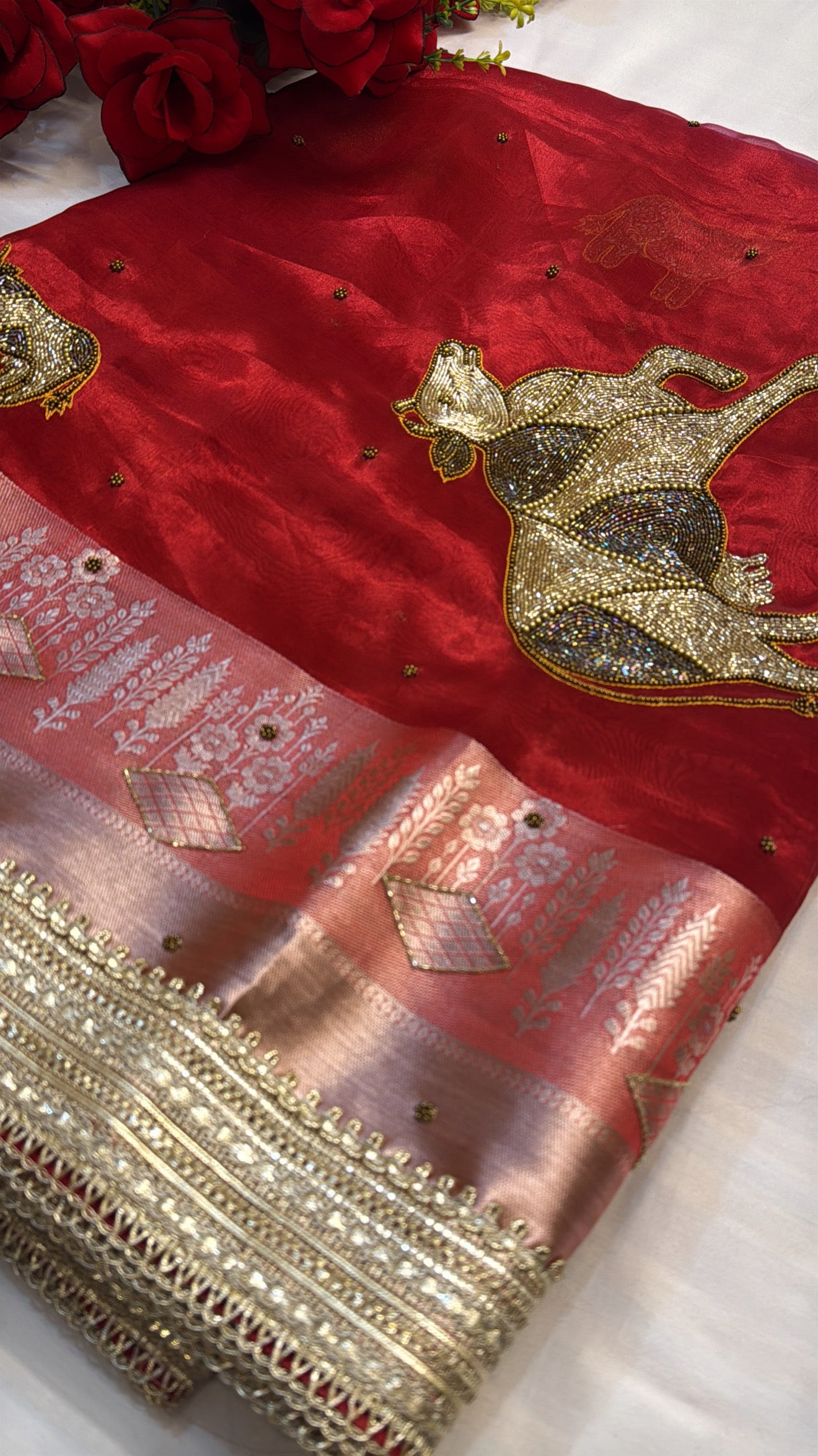 Dulhan ka joda husn red tissue silk hand embroidered saree