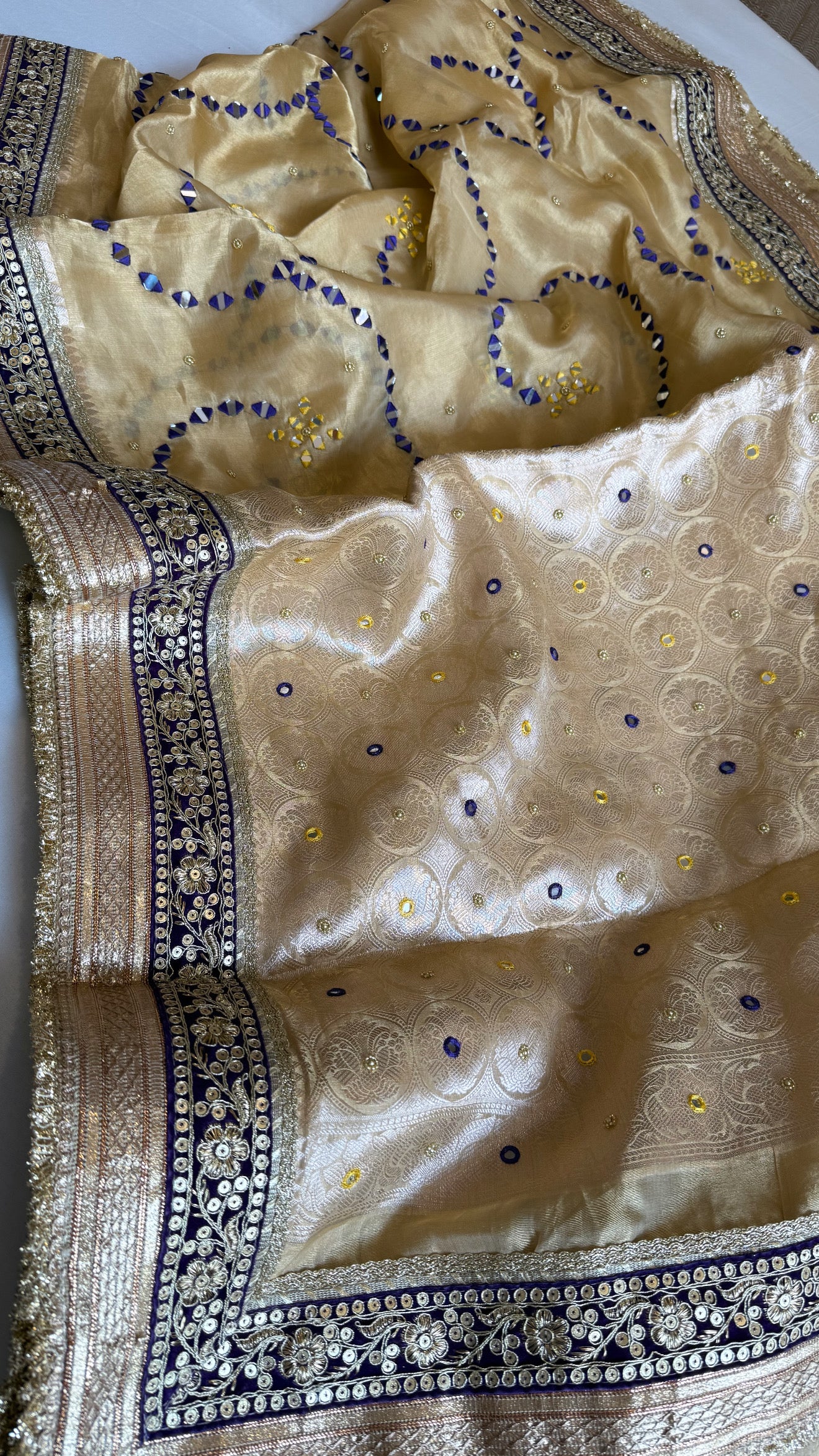 Sheesham edit - Heavy double tissue silk mirror work heavy hand embroidered saree