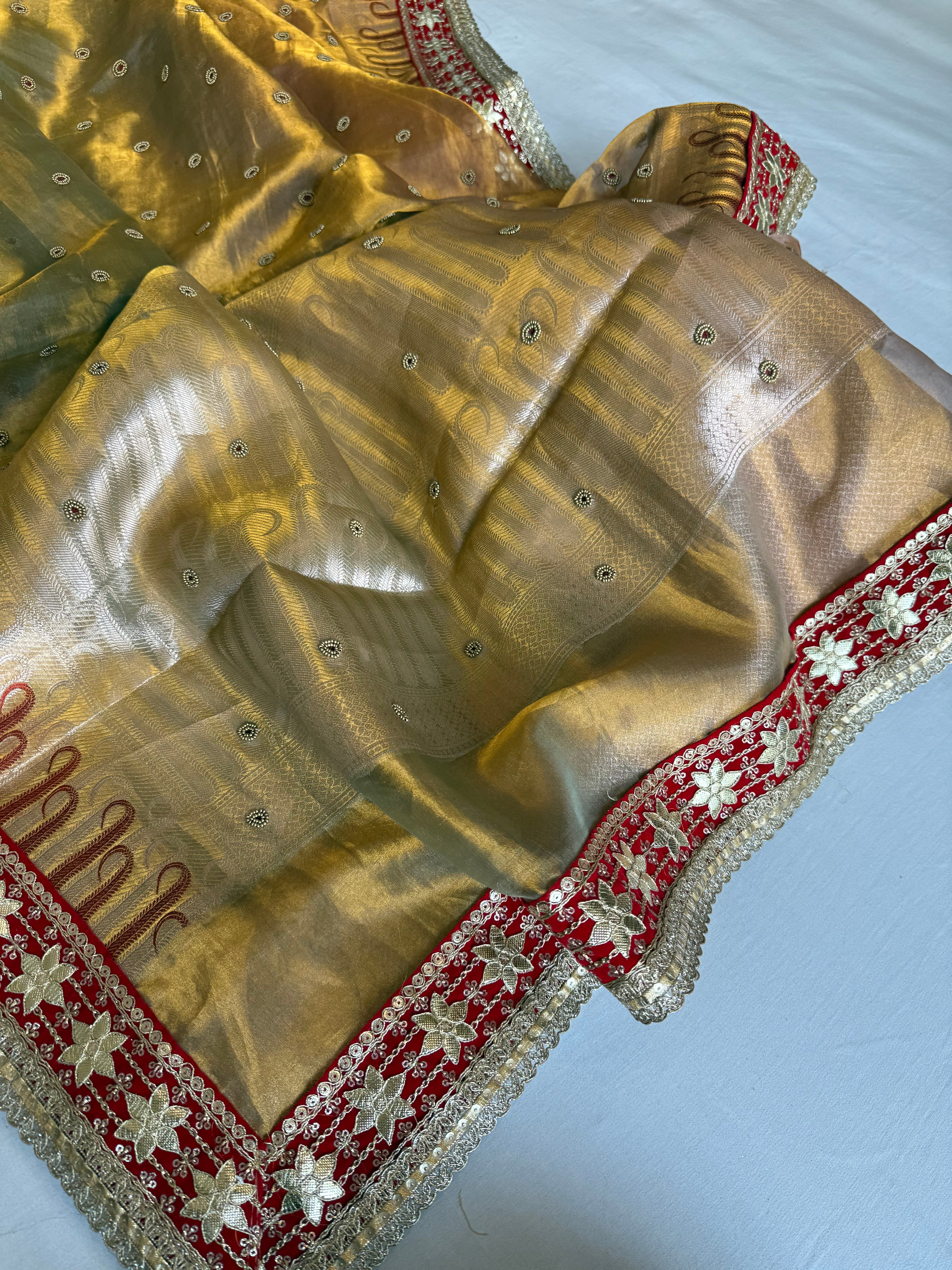 Kanjivaram gold tissue silk red meenakari hand embroidered kadhwa saree