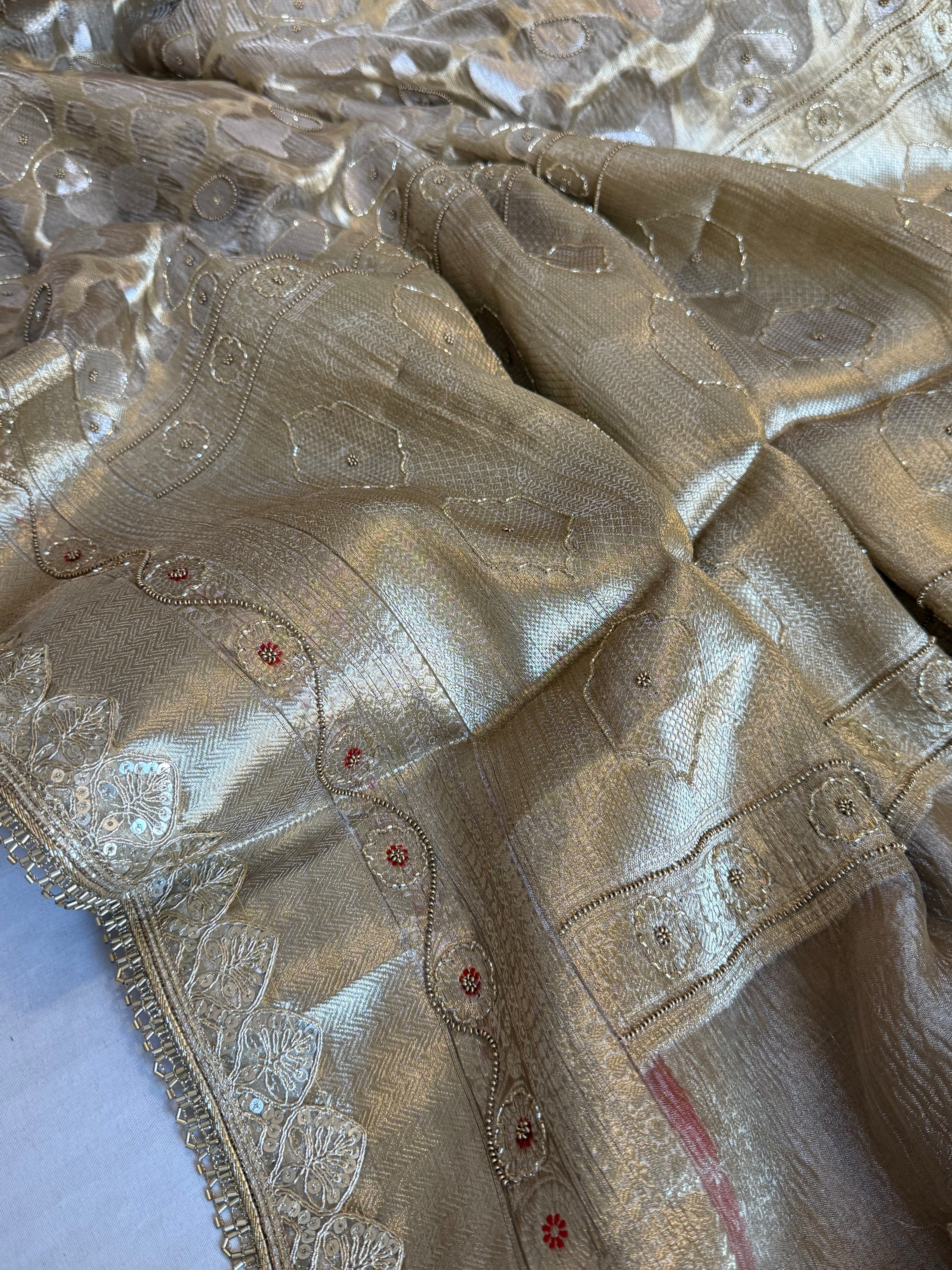 Mehfil sona rupa crushed tissue silk hand embroidered kadhwa saree