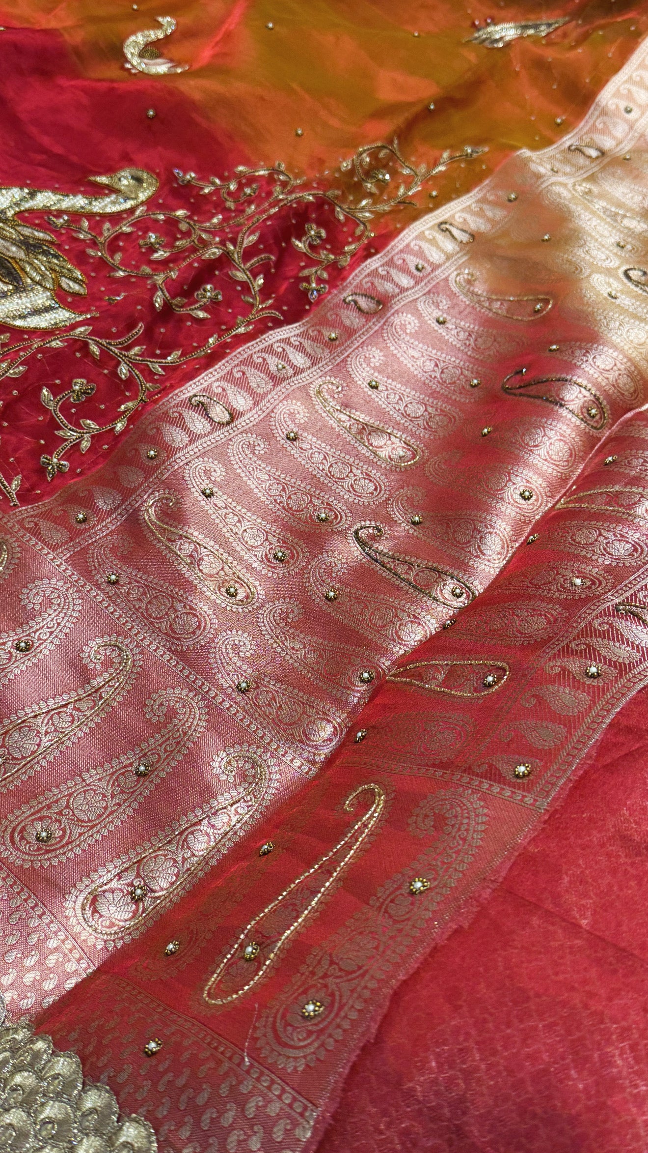 Karwachauth special - Red orange ombre shaded tissue silk duck motif hand embroidered saree