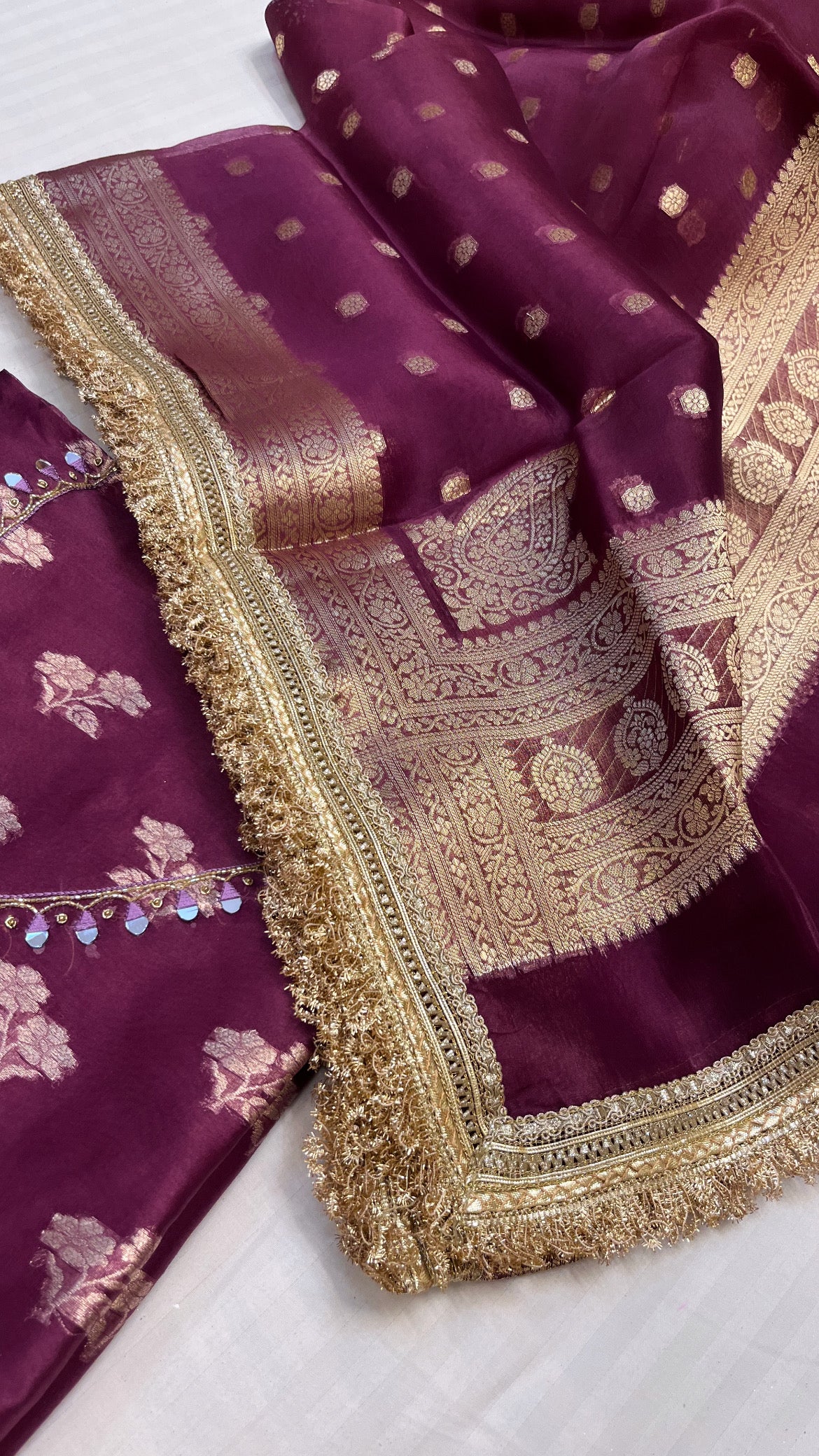 Heeramandi plum kora silk gotapatti hand embroidered suit set