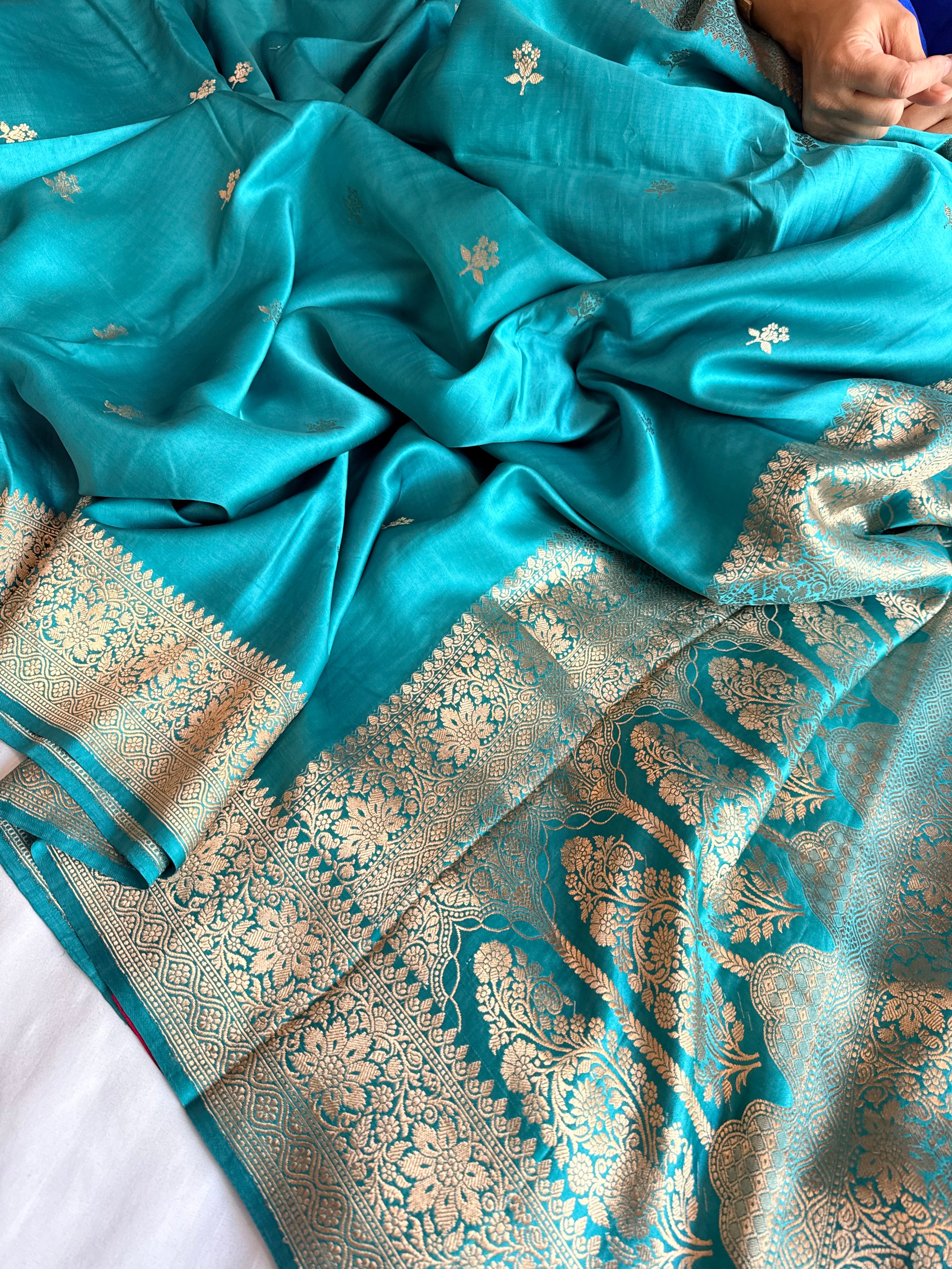 Firozi blue banarasi mashru silk kadhwa buti saree