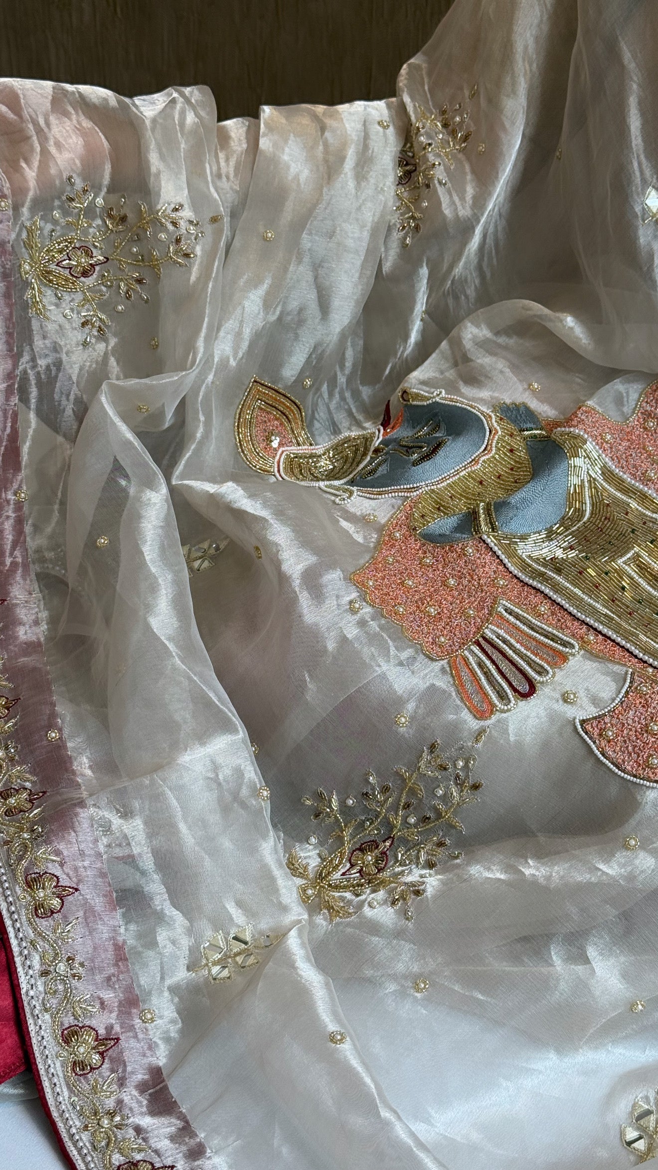 Radhika merchant inspired shreenathji motif diamond tissue silk hand embroidered saree