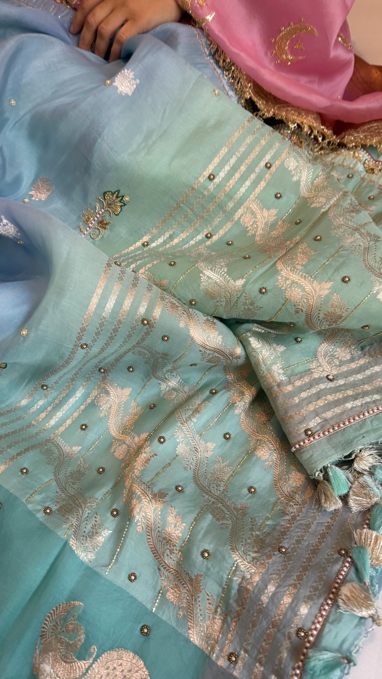 Sufi night edit - Banarasi kora silk bird motif hand embroidered kadhwa shaded saree