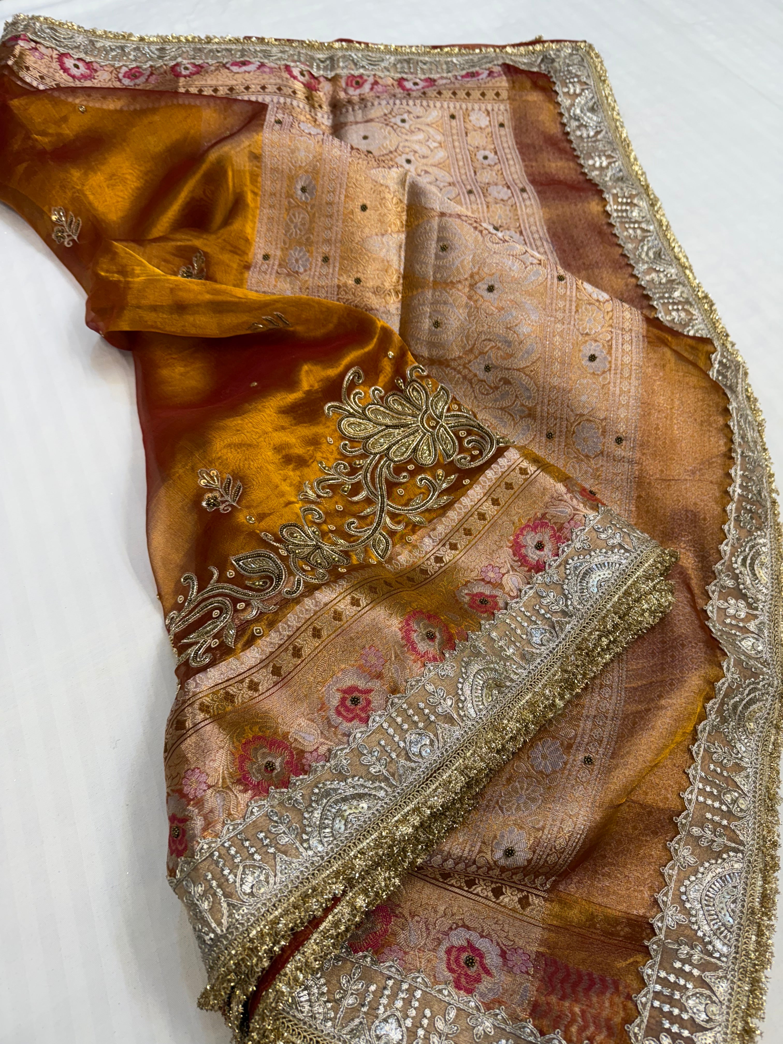 Cocktail wali saree - Kanjivaram orange tissue silk hand embroidered saree