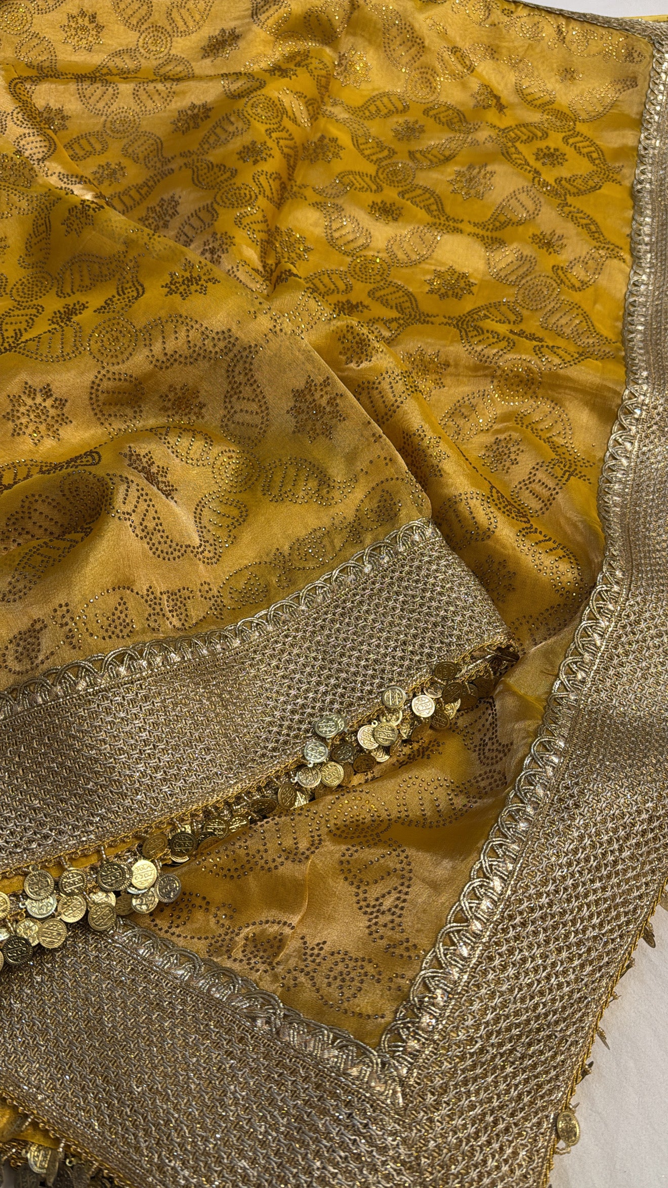 Maharani sitara stonework haldi yellow tissue silk kadhwa saree