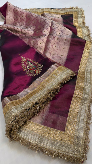 Baarat wali saree - Metallic cranberry pink husn tissue silk peacock motif hand embroidered saree