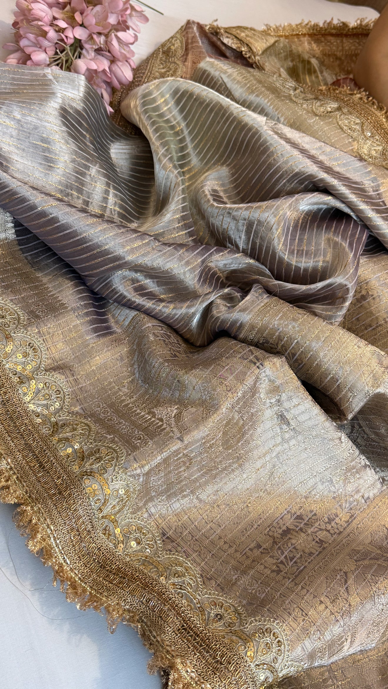 Maharani rang birangi tissue silk zari striped kadhwa saree