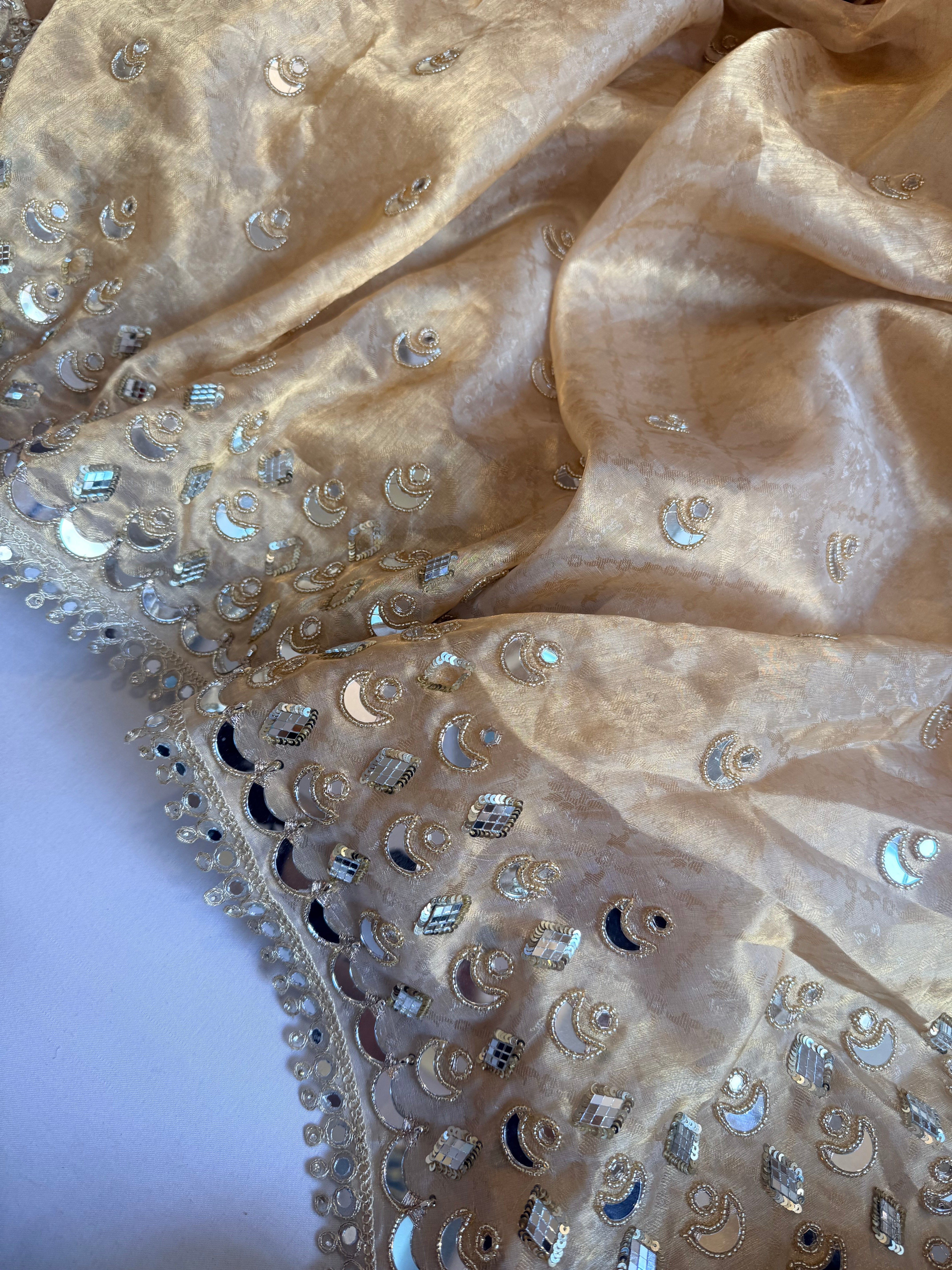 Butter gold tissue silk mirror work hand embroidered kadhwa saree